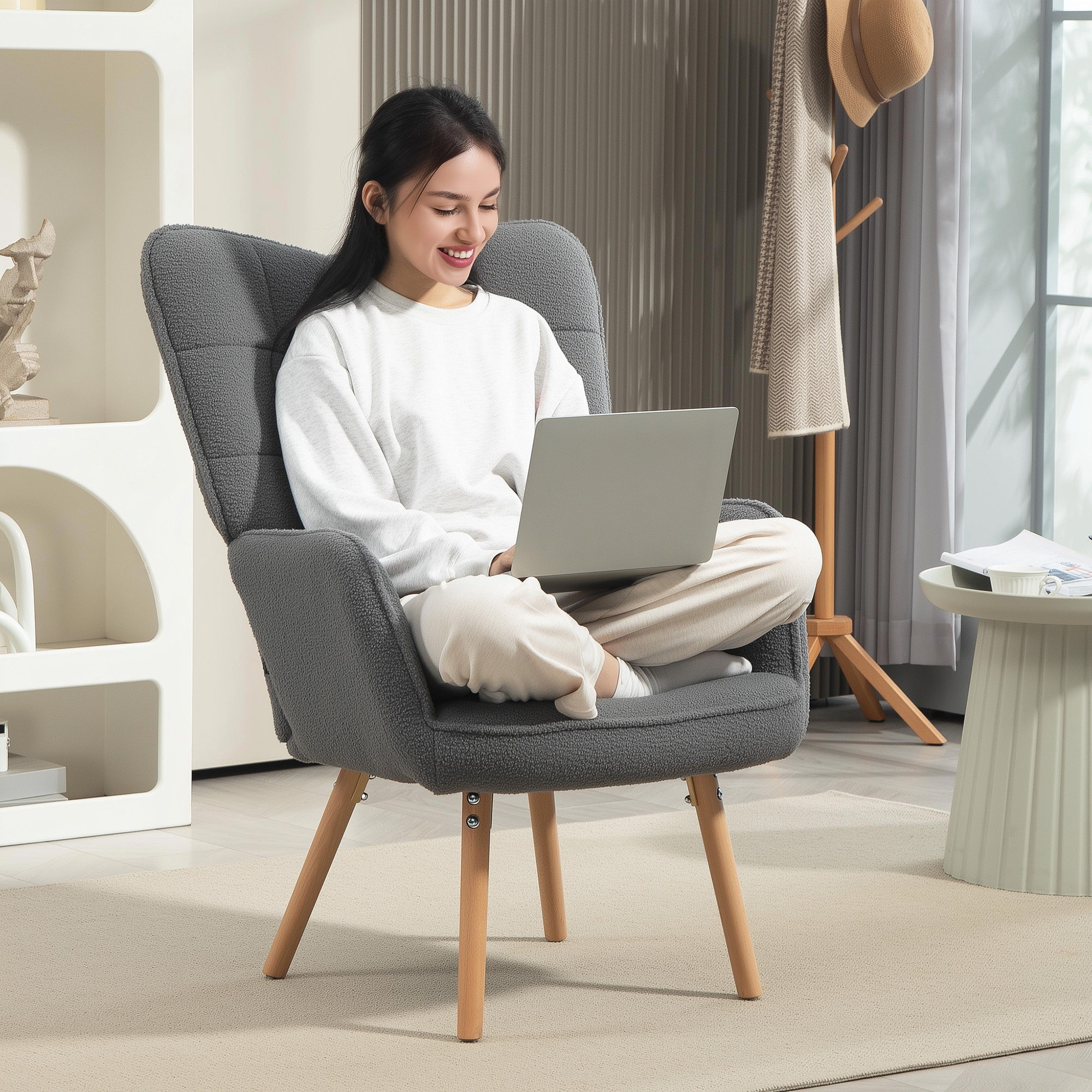 HOMCOM Teddy Fleece Wingback Accent Chair Grey 6