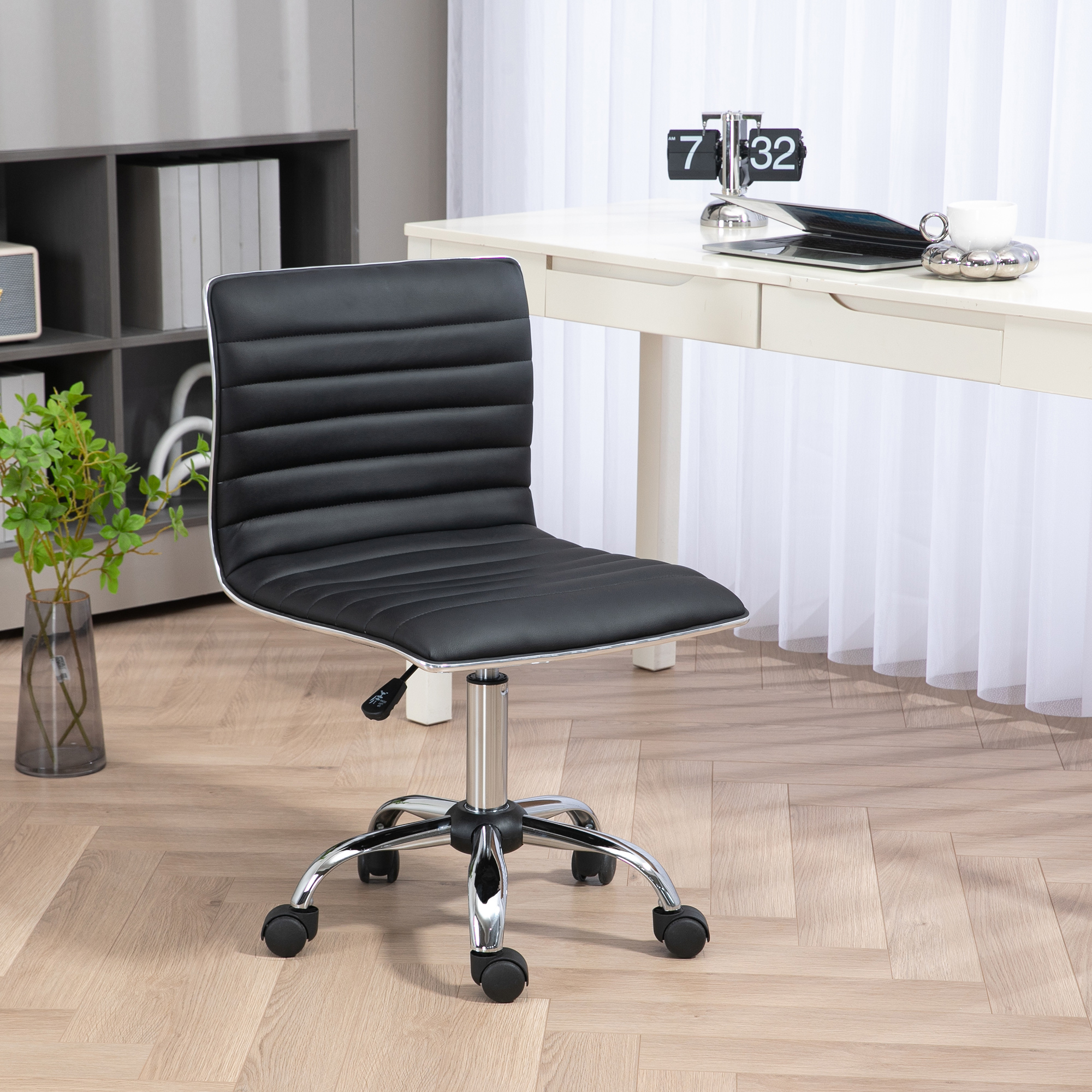 HOMCOM Armless Task Desk Chair, Swivel Office Chair with Faux Leather, Adjustable Seat Height, Chrome Base, Wheels for Home, Black 2