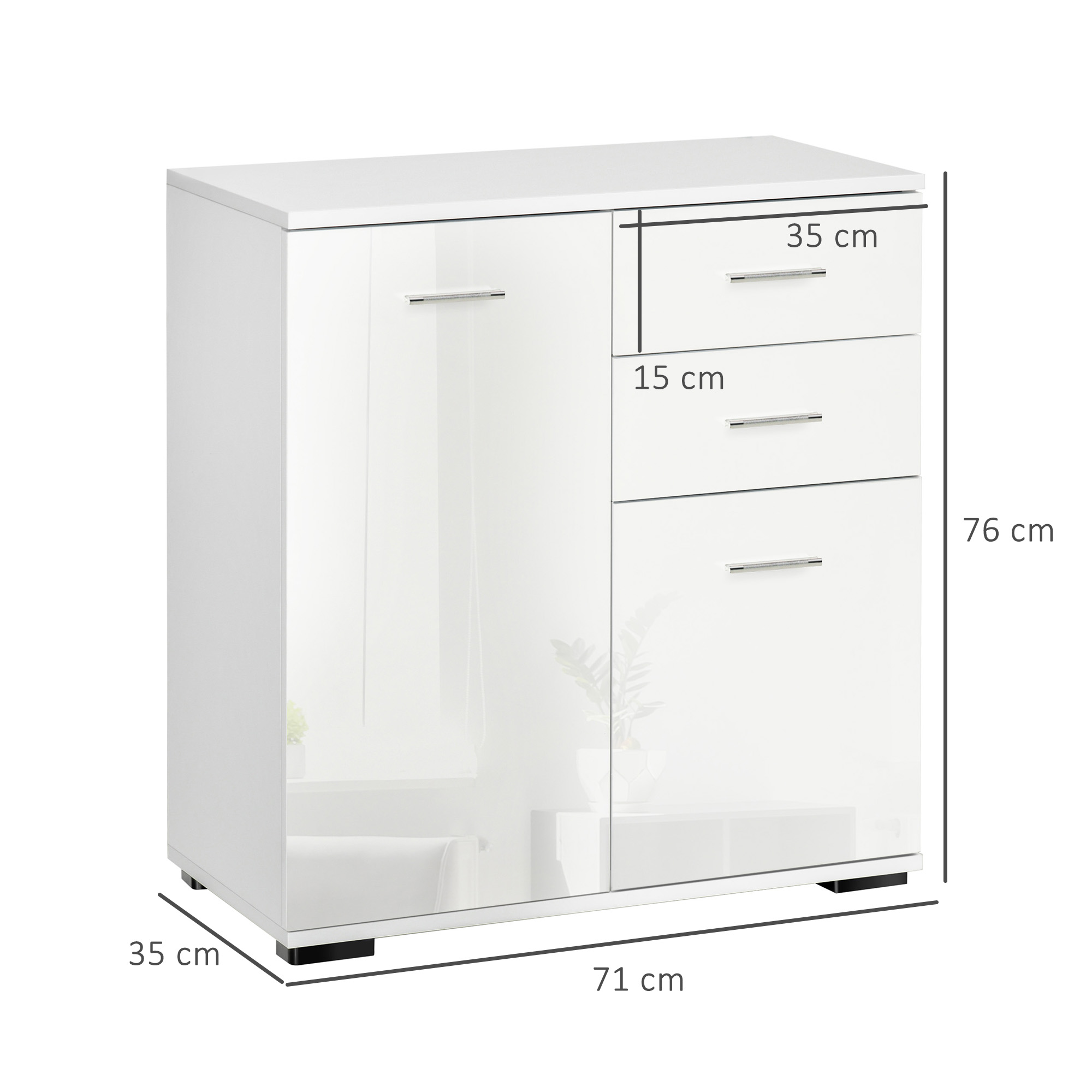 HOMCOM Sideboard, Modern Storage Cabinet with 2 Drawers, 2 Doors and Adjustable Shelf, Kitchen Cabinet for Living Room, Dining Room, High Gloss White 3