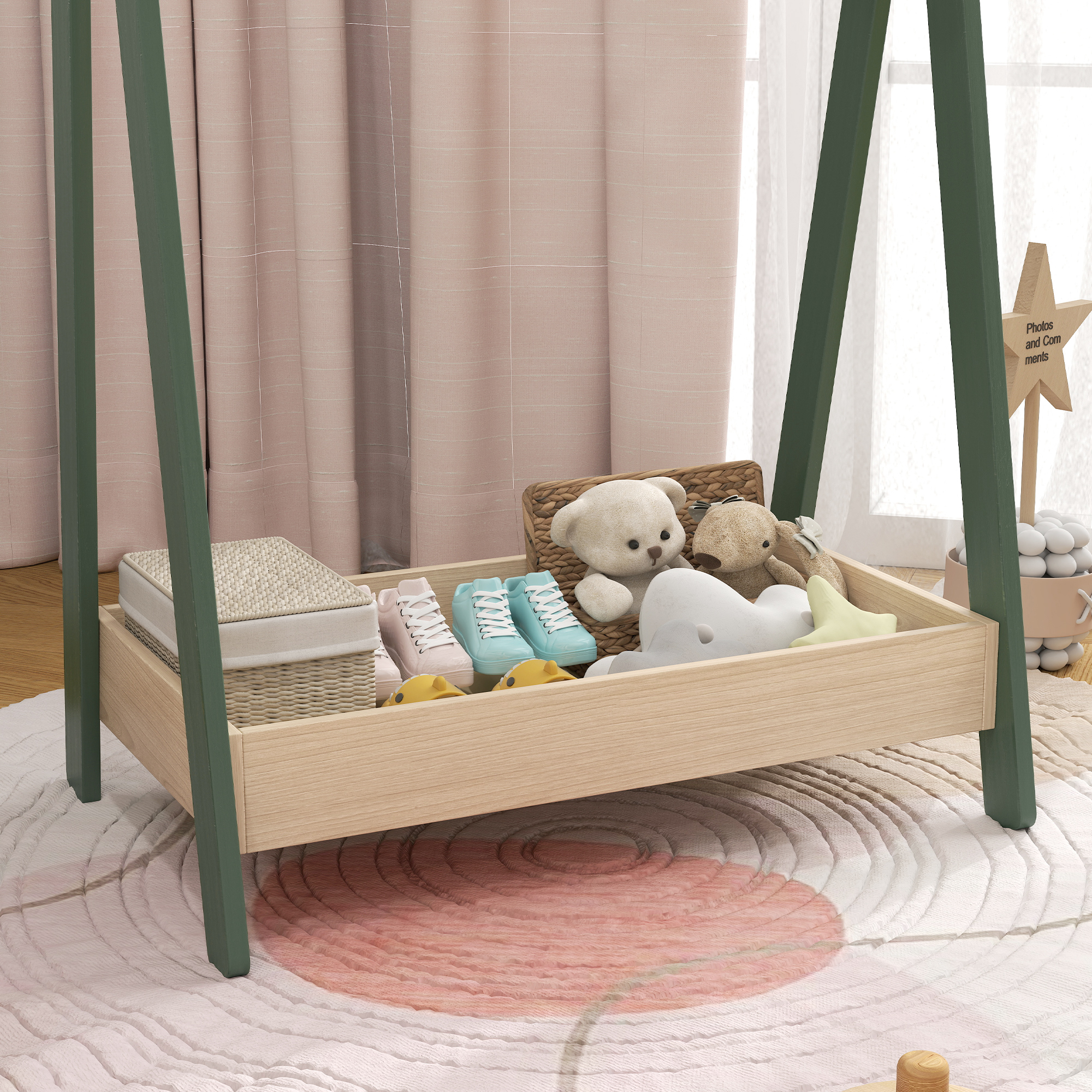 AIYAPLAY Kids Clothes Rail with 3Hangers, Bottom Storage Shelf for Girls, Boys, Nursery, Bedroom, Green 8