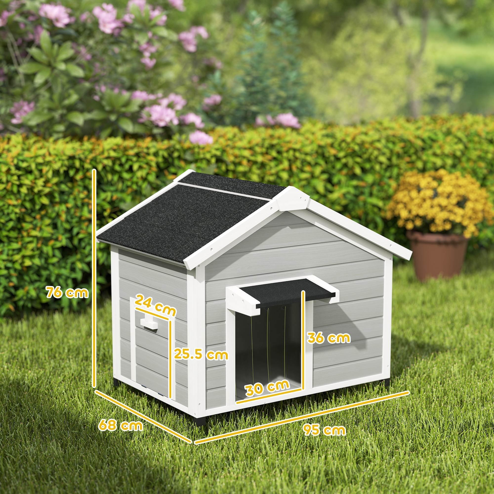 PawHut Wooden Dog House Outdoor with Openable Roof, Removable Floor, Curtain, Elevated Feet, for Medium Dogs, Light Grey 3