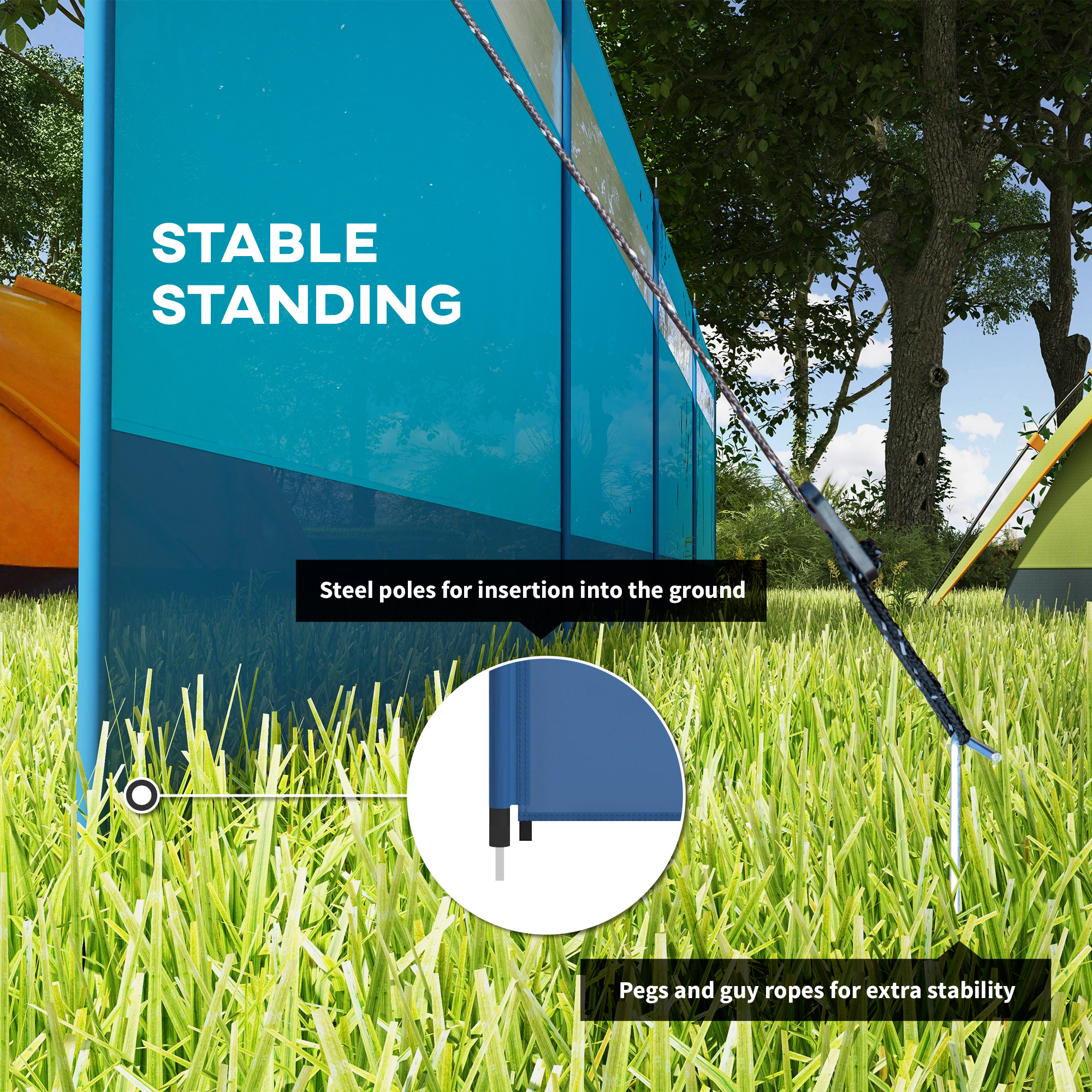 Outsunny Camping Windbreaker with Clear Windows, Carry Bag and Steel Poles, for Beach Caravan Campervan, 725 x 140cm, Blue 5