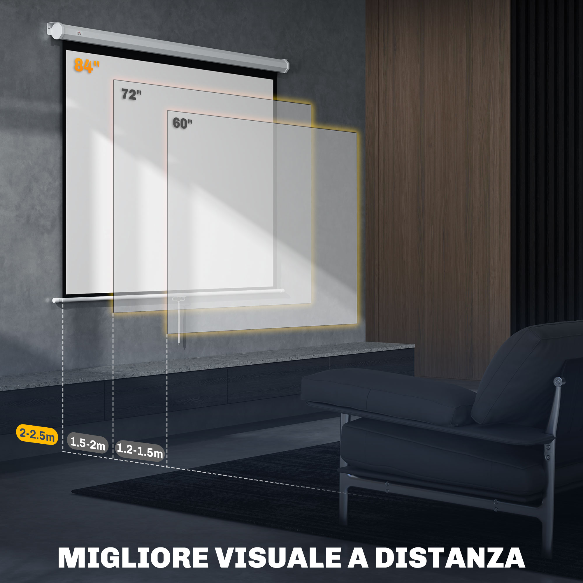 HOMCOM Schermo Proiettore 84 Pollici 4K Ultra HD Formato 4:3 – Telo Avvolgibile Con Altezza Regolabile E Angolo Visivo 160°, Perfetto Per Cinema Casa E Ufficio