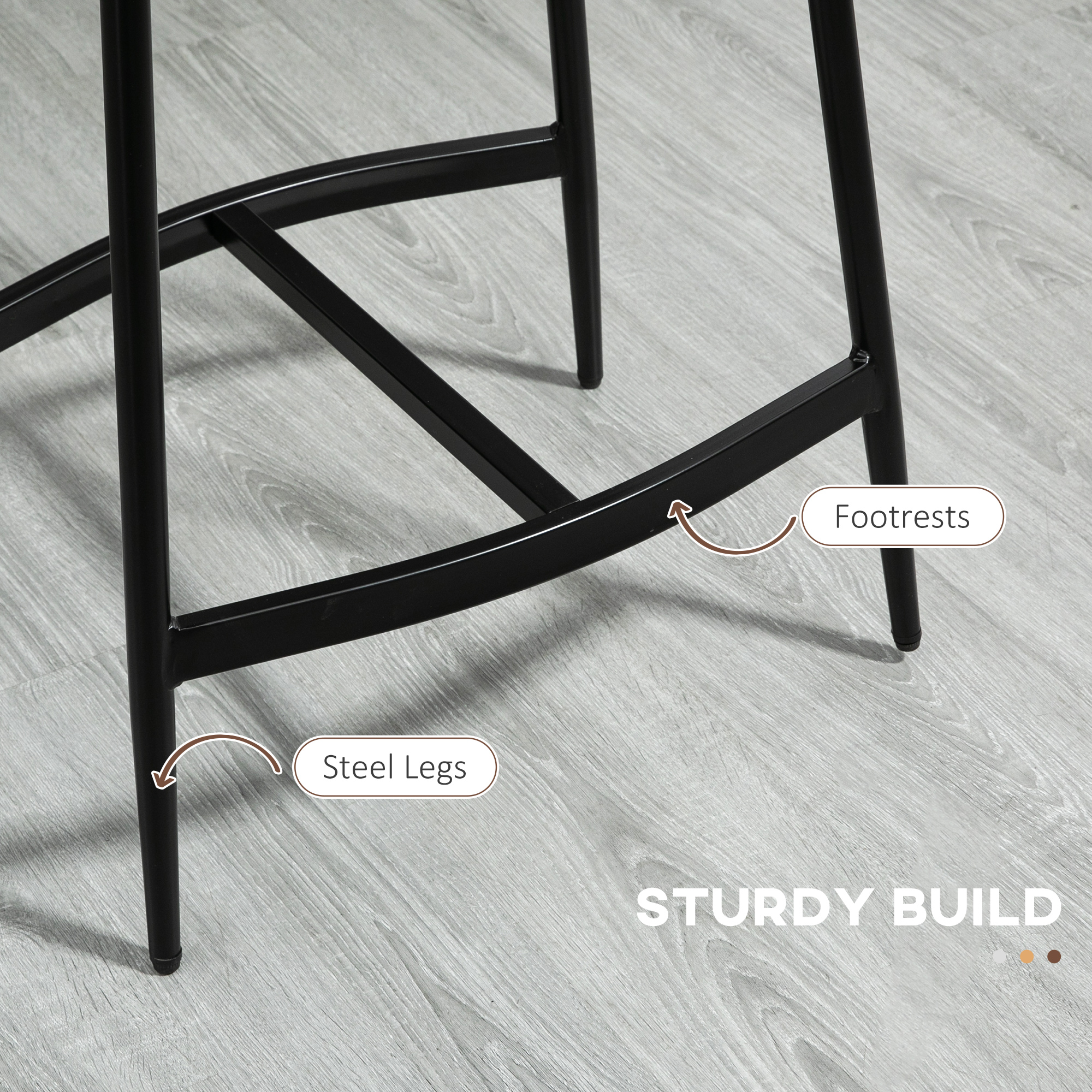 HOMCOM Breakfast Bar Stools Set of 2, Microfibre Upholstered Barstools, Industrial Bar Chairs with Curved Seat and Steel Frame for Dining Room, Kitchen, Brown 6