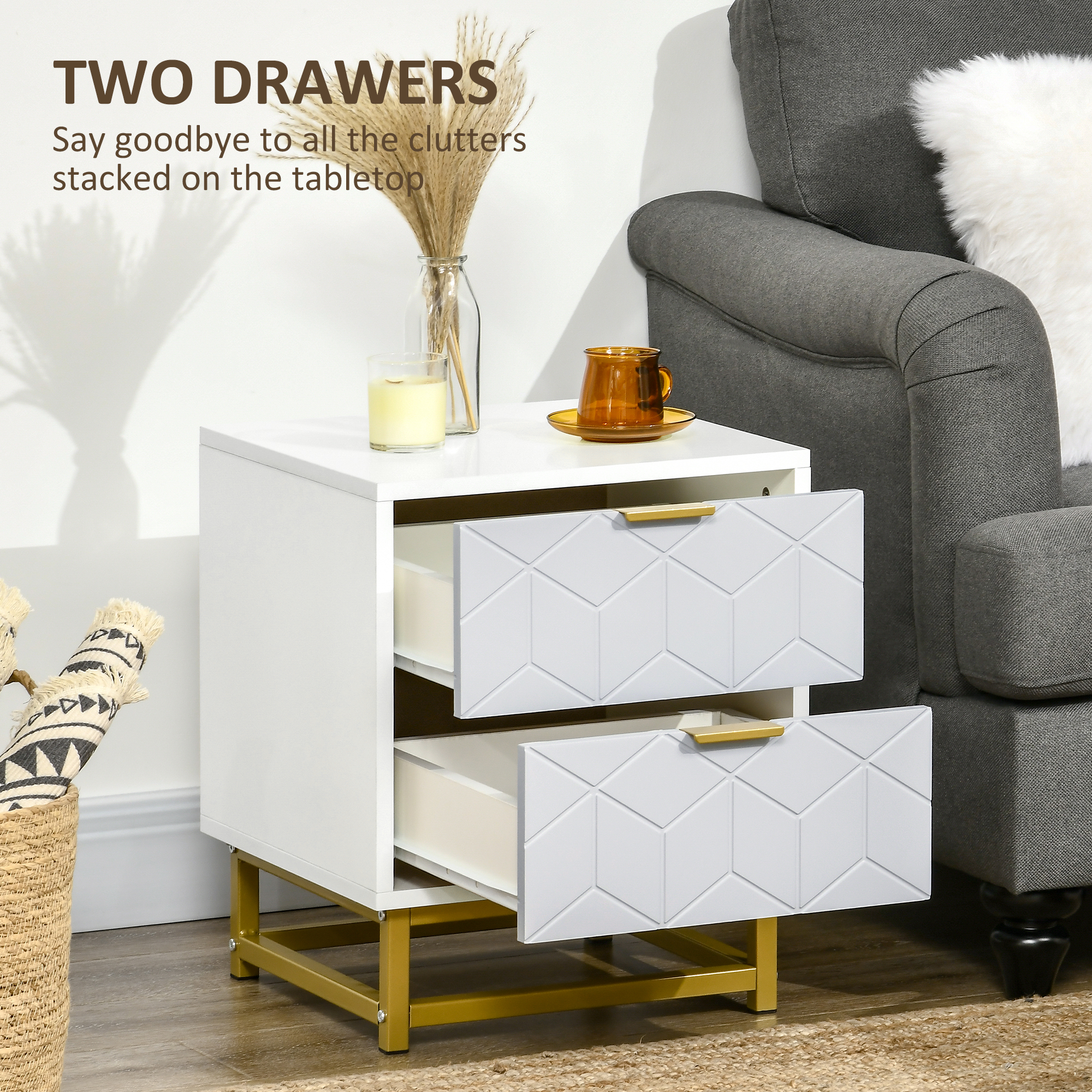 HOMCOM Bedside Table with 2 Drawers, Side Table, Bedside Cabinet with Steel Frame for Living Room, Bedroom, Grey and White 5
