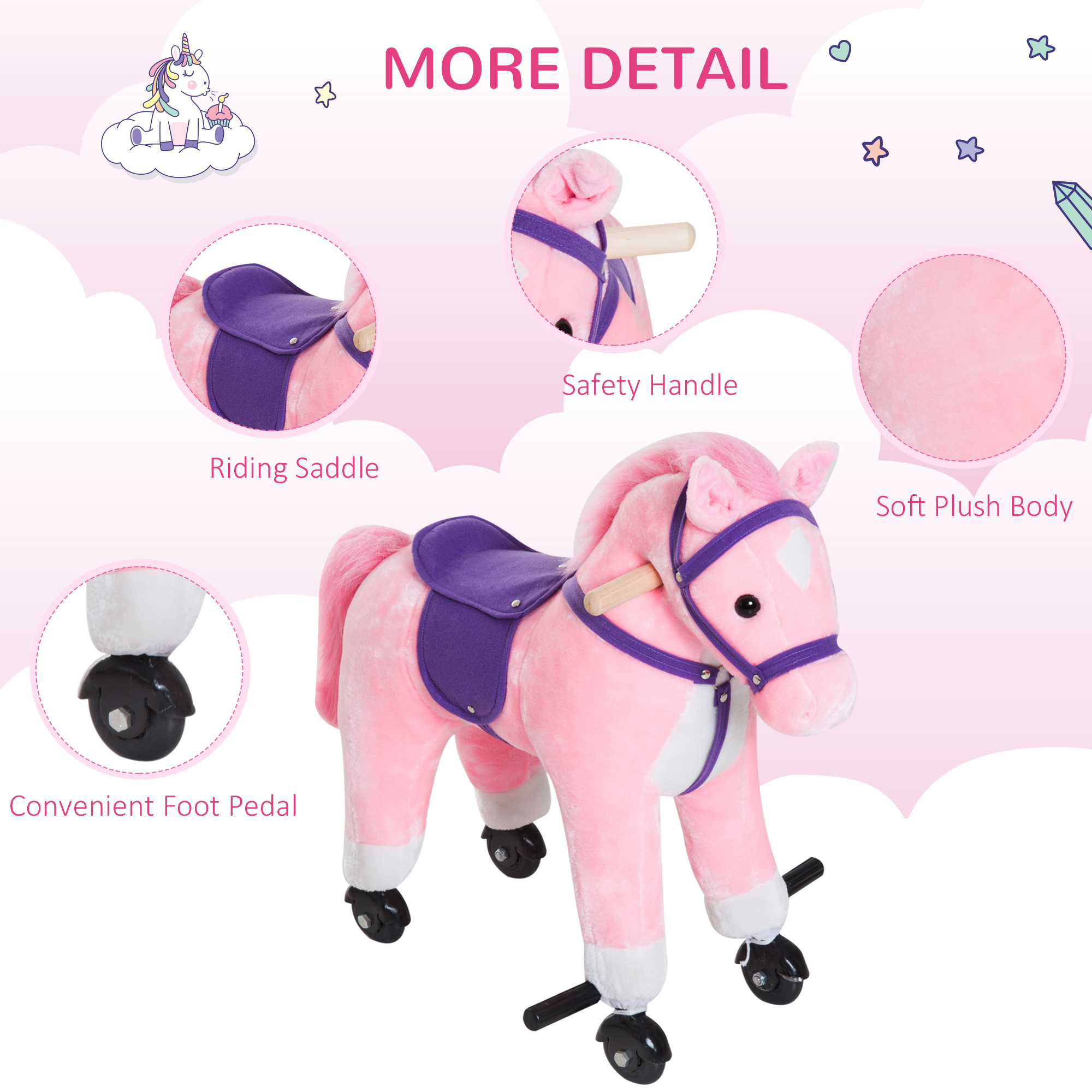 HOMCOM Rocking Horse Kids Ride on Walking Horse Animal Pony Wheeled Riding Plush Toy w/Sound for 2 Years and Up (Pink) 7