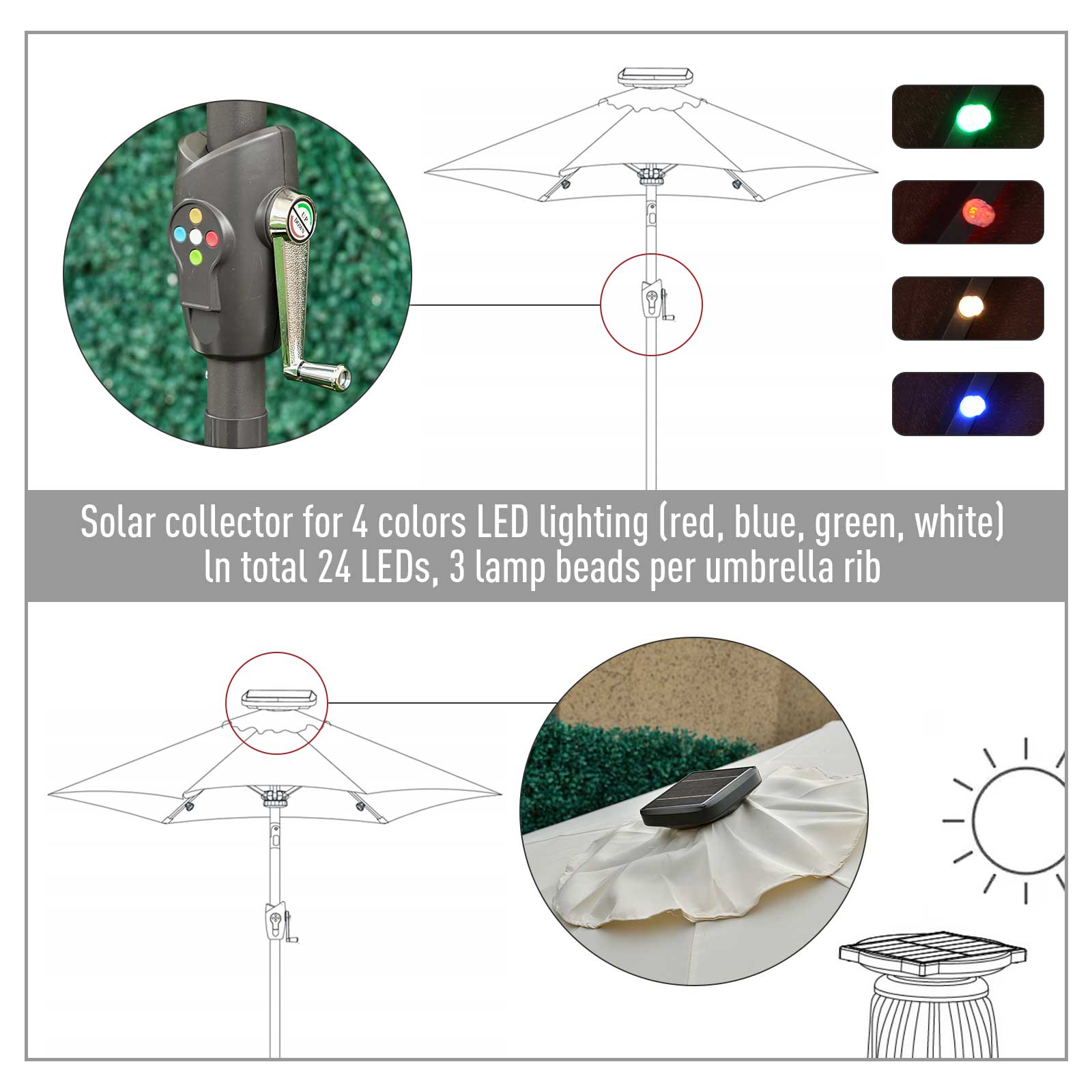 Outsunny Φ2.7m Garden 24 LED Light Parasol Solar Outdoor Tilt Sun Umbrella Patio Club Party Event Manual Sun Shade w/ Hand Crank and 8 Ribs, Off-white 4
