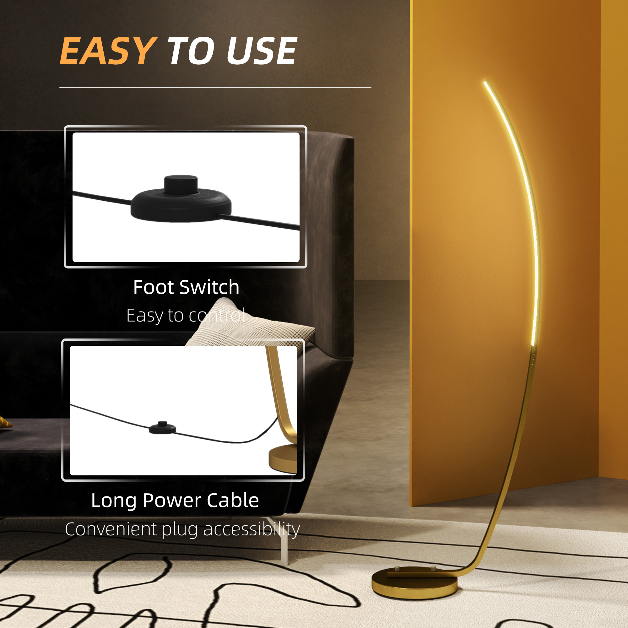 HOMCOM Modern 147cm Curved LED Floor Lamp Gold Tone 7