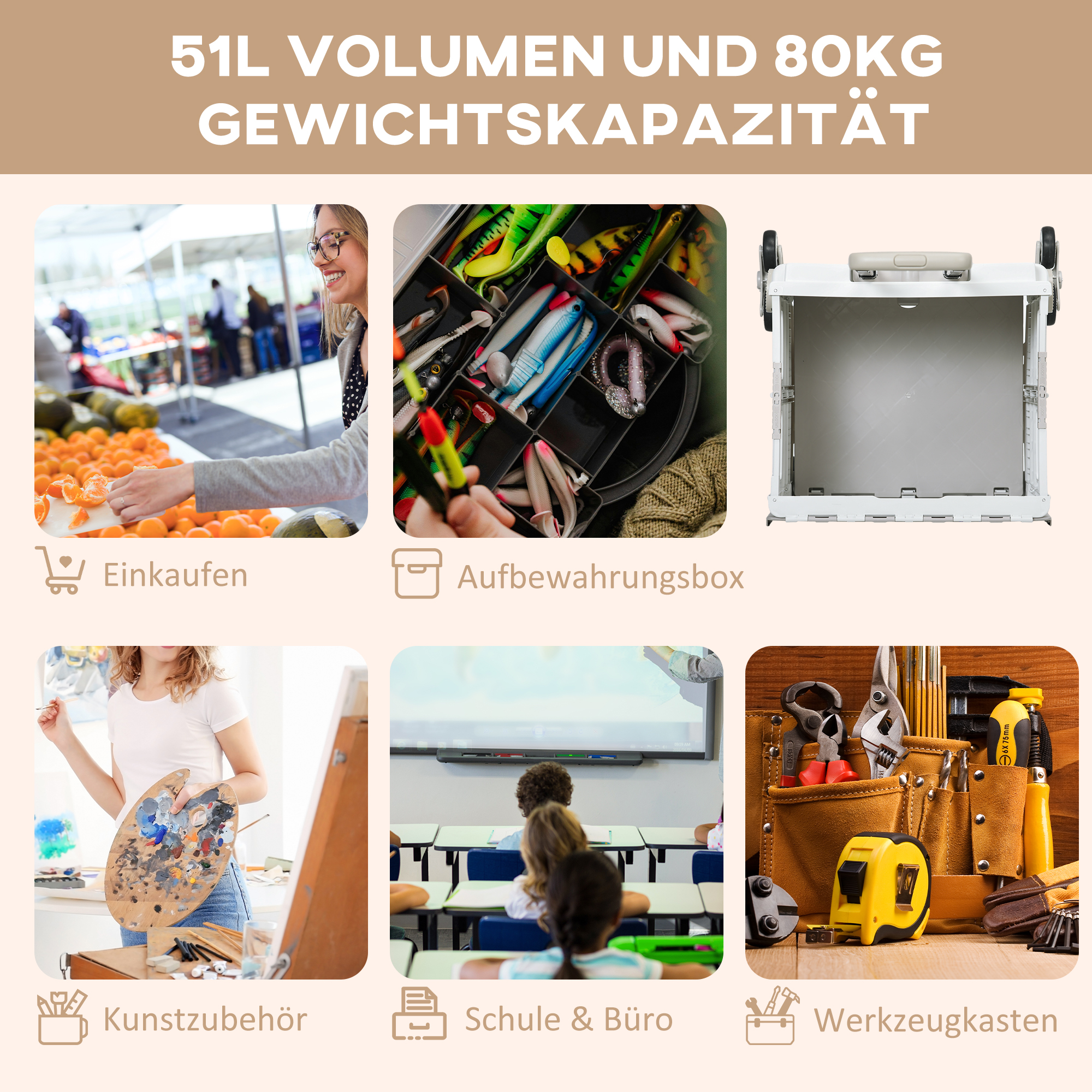 Ostukäru, trepironija, mobiilne transpordikast, kokkupandav, teleskoopkäepide, kandevõime kuni 65 kg, valge