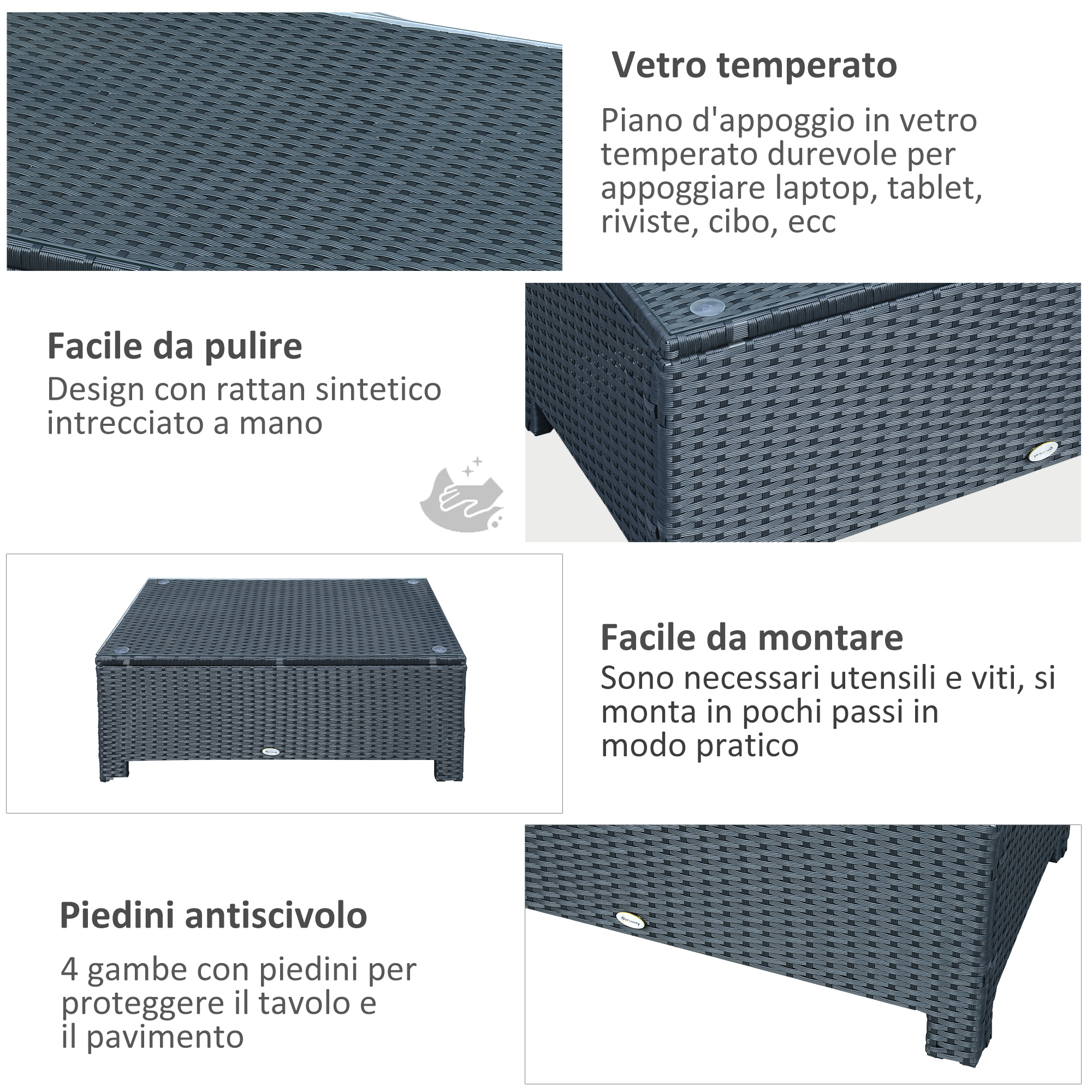 Outsunny Tavolino Da Caffè In Rattan 2 Livelli 92x50x45 Cm – Piano In Vetro Temperato, Struttura Acciaio, Per Esterno E Interno