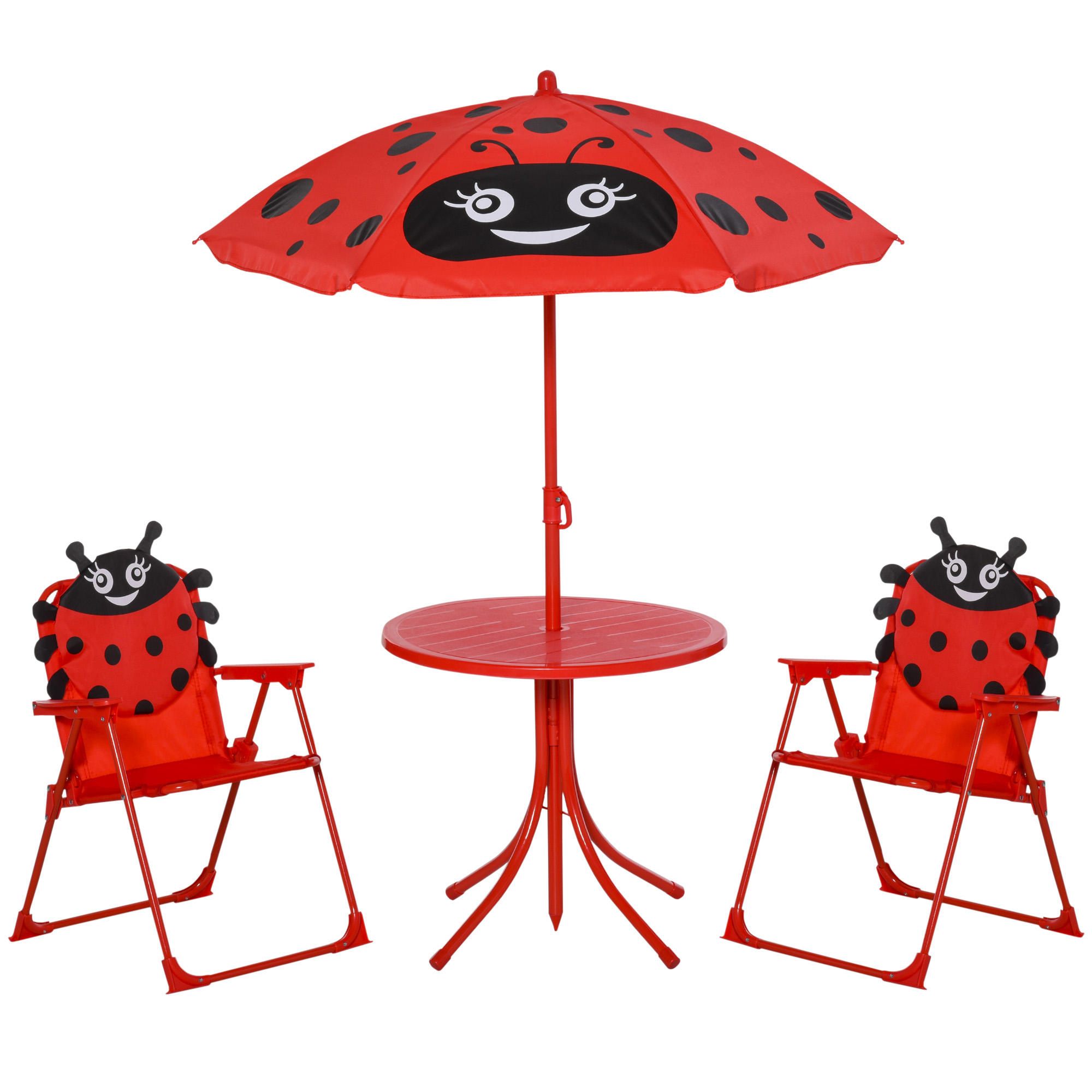 Outsunny Set de Mesa y Sillas Infantil de Jardín Plegable con Sombrilla Ajustable Rojo para Picnic al Aire Libre | Aosom España