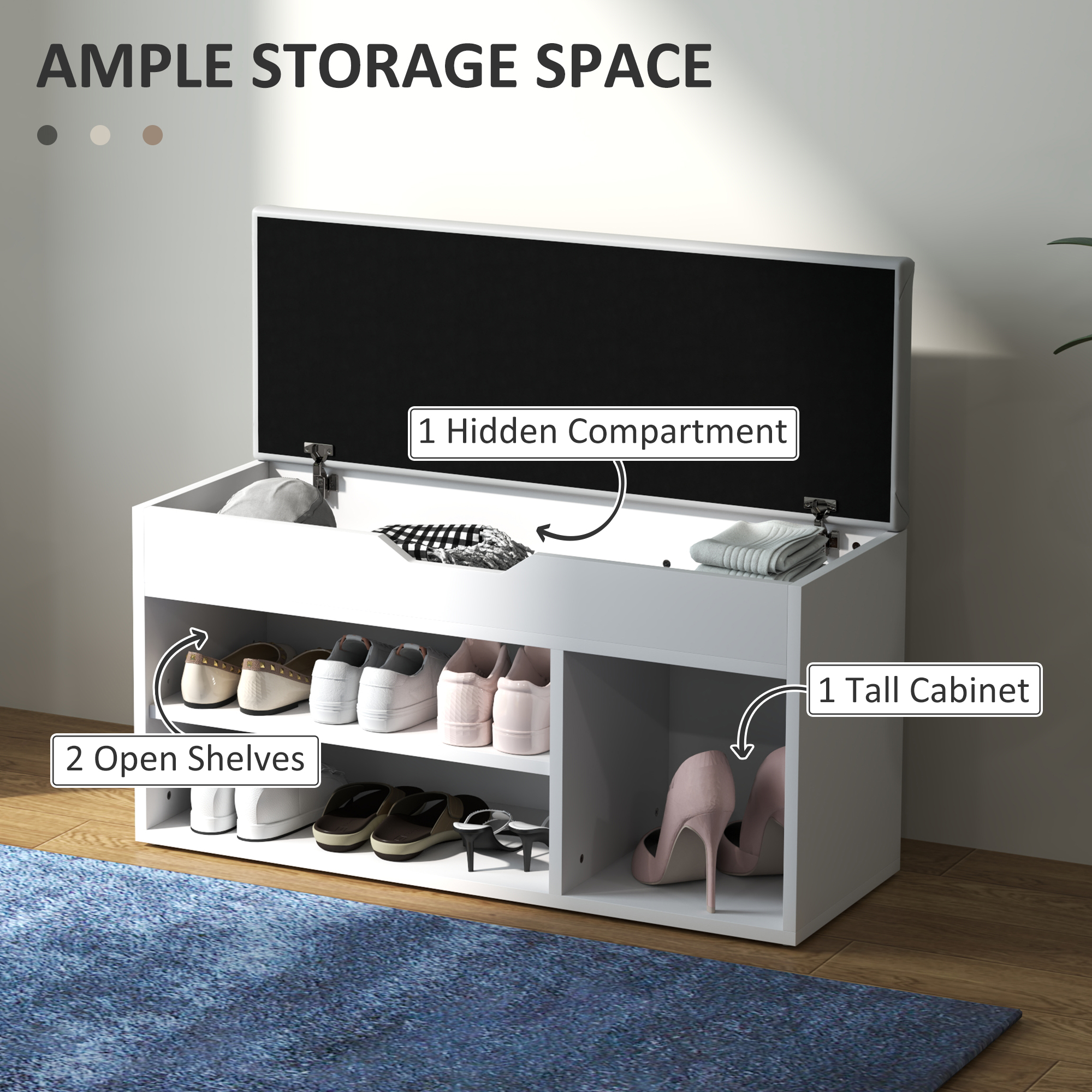 HOMCOM Shoes Cabinet Bench Hidden Storage Padded Seat Organiser Footwear Rack Hallway Cream White 5