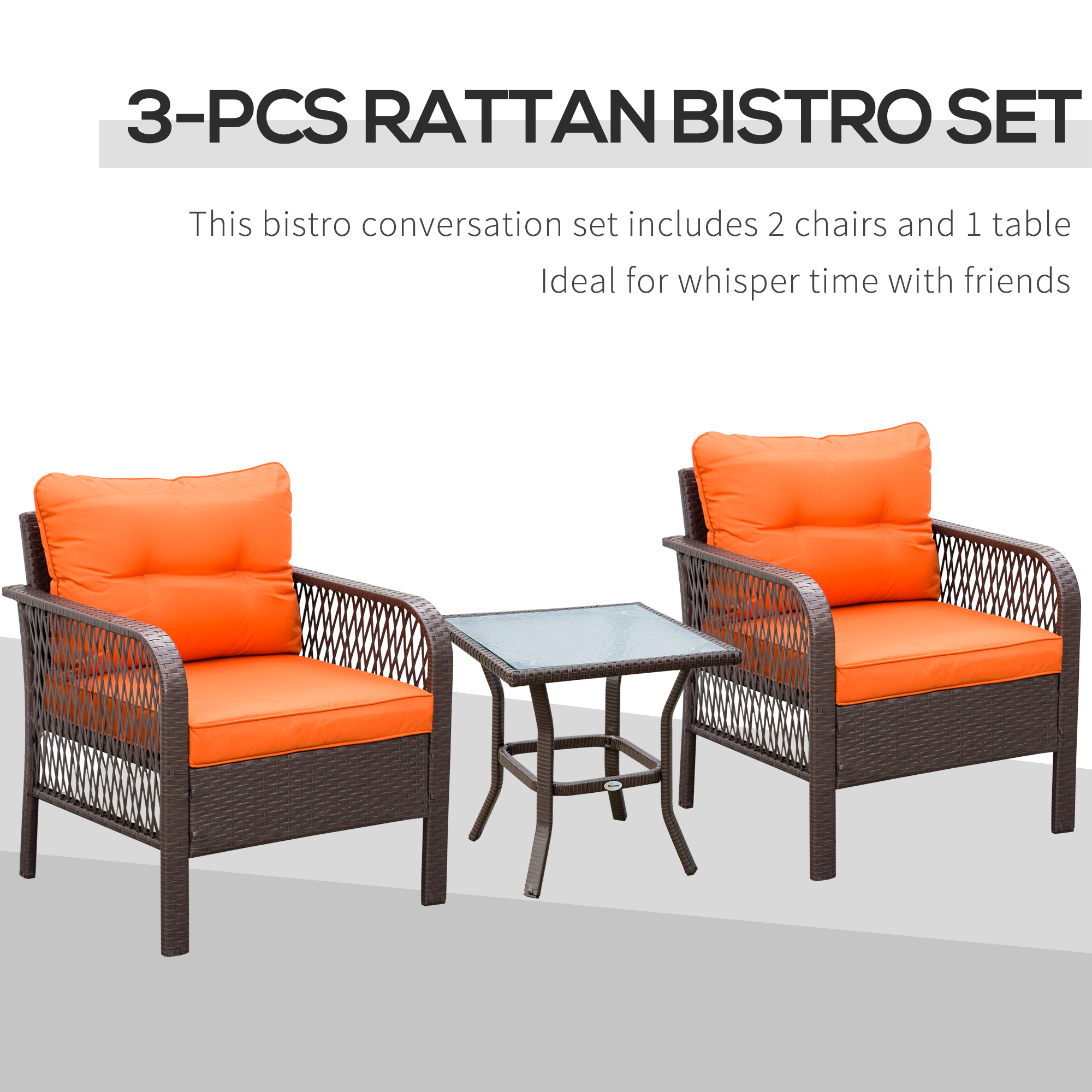 Outsunny 3 Pieces Rattan Bistro Set with Glass Top Coffee Table, Chairs and Cushions for Outdoor, Patio, Balcony, Orange 4