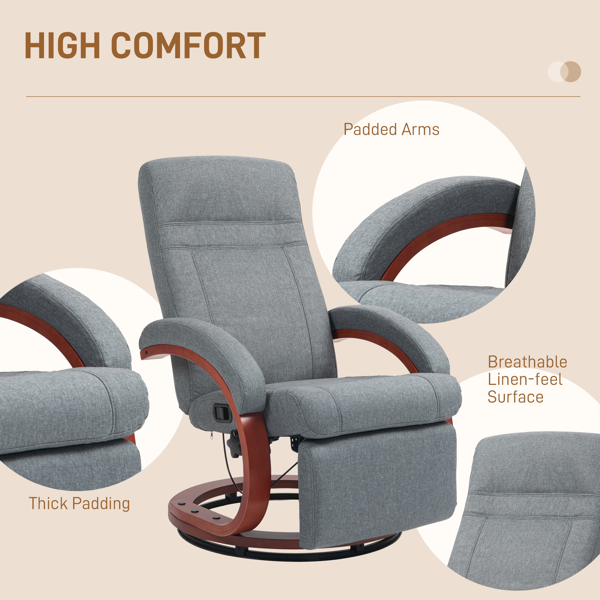 HOMCOM 135° Manual Reclining Swivel Chair, with Footrest Grey 7