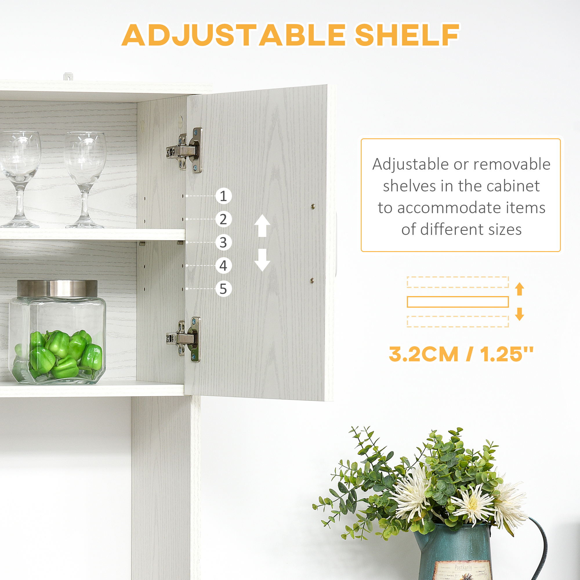 HOMCOM Freestanding Kitchen Cupboard, Modern Kitchen Storage Cabinet with Doors, Microwave Counter and Adjustable Shelves, White 7