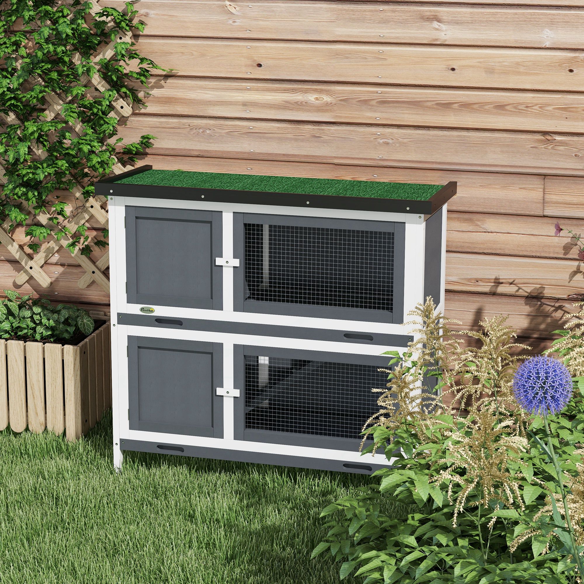 PawHut Double Decker Rabbit Hutch 2 Tier Guinea Pig House Pet Cage Outdoor with Sliding-out Tray, 100 x 47 x 91cm, Grey 8