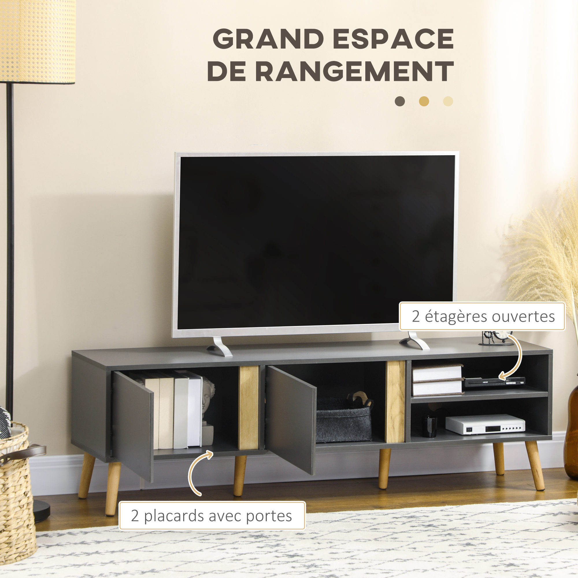 Meuble TV HOMCOM 120 Cm - Banc Télé Pour TV Jusqu'à 55" - 2 Portes, 2 étagères Ouvertes, Passe-câbles - Style Chêne
