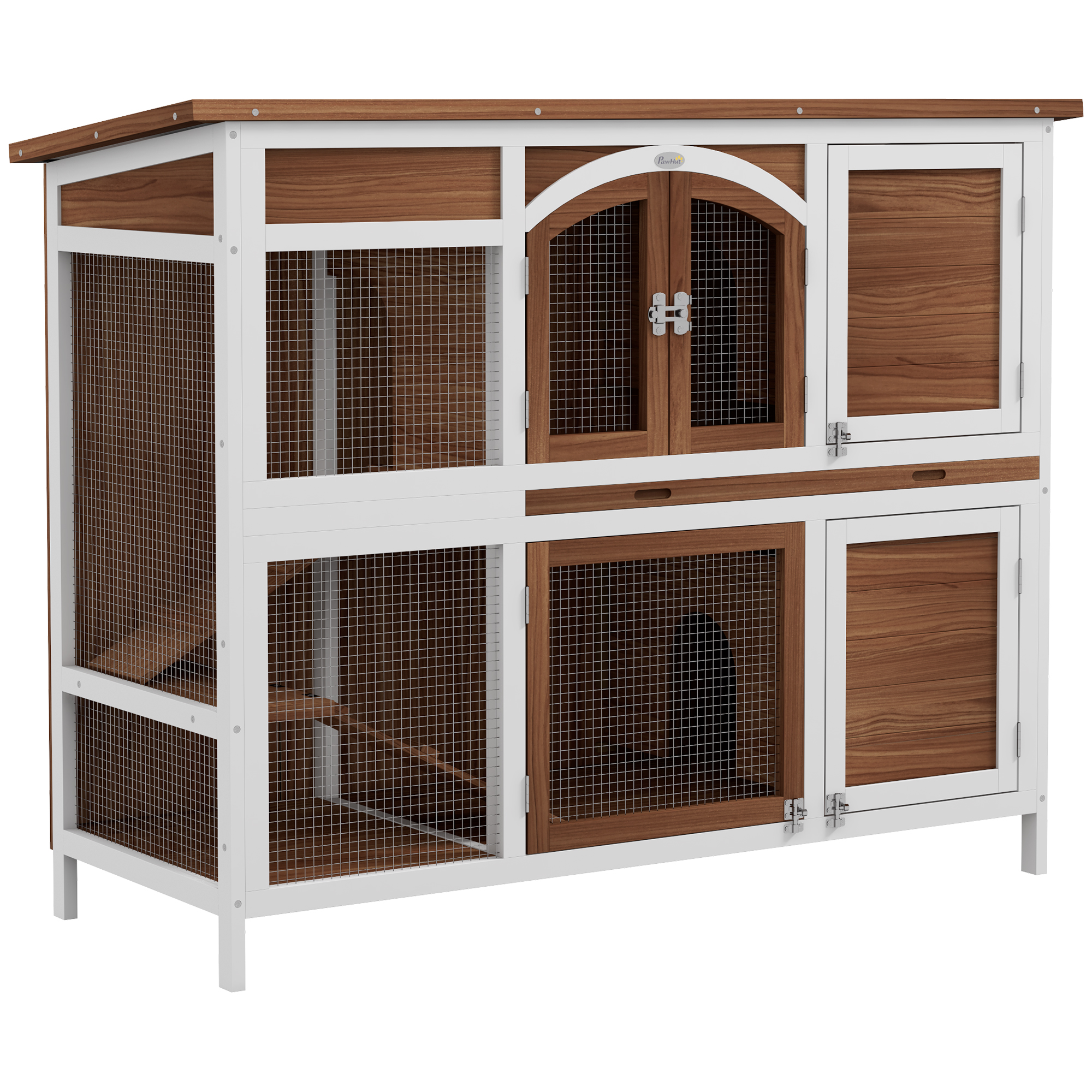 PawHut Rabbit Hutch Outdoor Guinea Pig Hutch 2 Tier Wooden Cage w/ Ramp, Divider, Openable Roof, 125 x 48 x 100cm - Grey