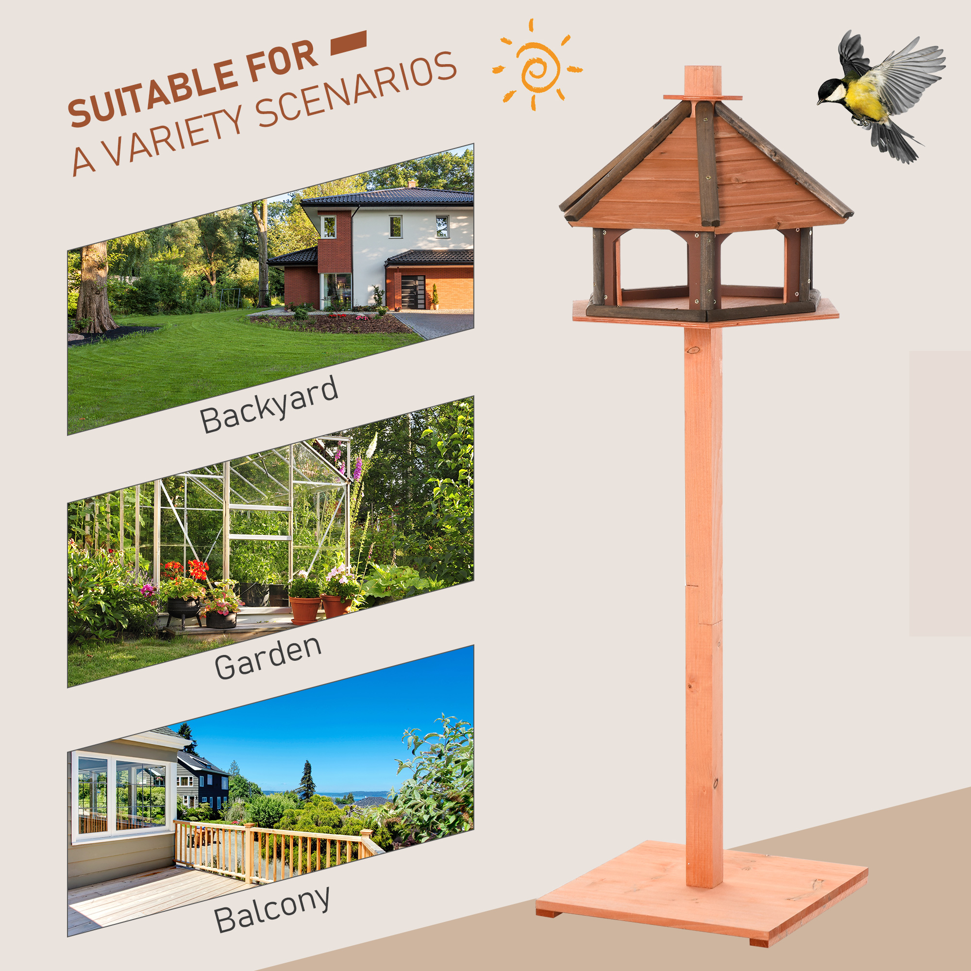 PawHut Wooden Bird Table Bird Feeding Station Playstand with Roof 130Hcm for Outdoor Brown 6