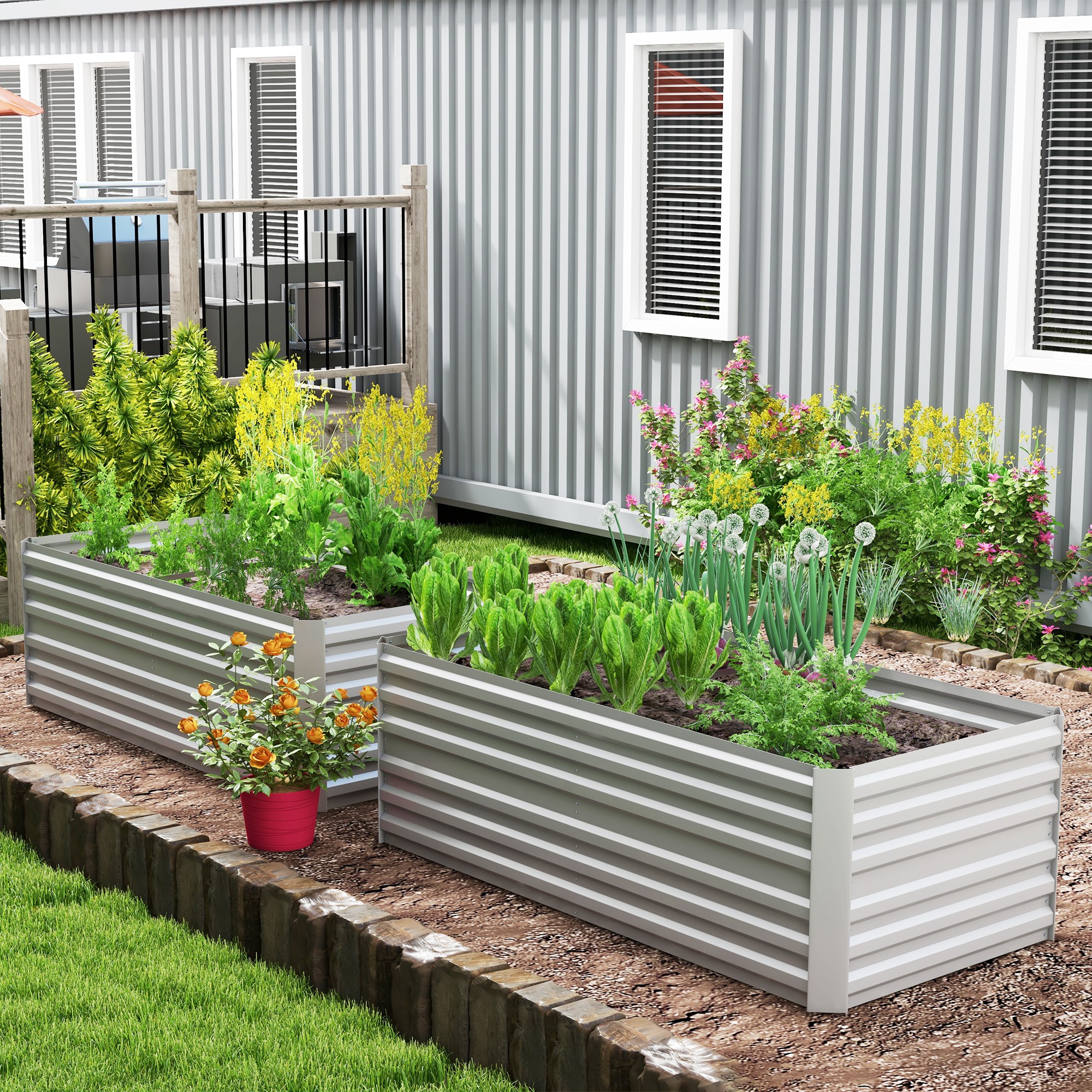 Outsunny Set of 2 Raised Beds for Garden, Galvanised Steel Outdoor Planters with Multi-reinforced Rods for Vegetables, Plants, Flowers and Herbs, 180 x 90 x 59 cm, Light Grey 2
