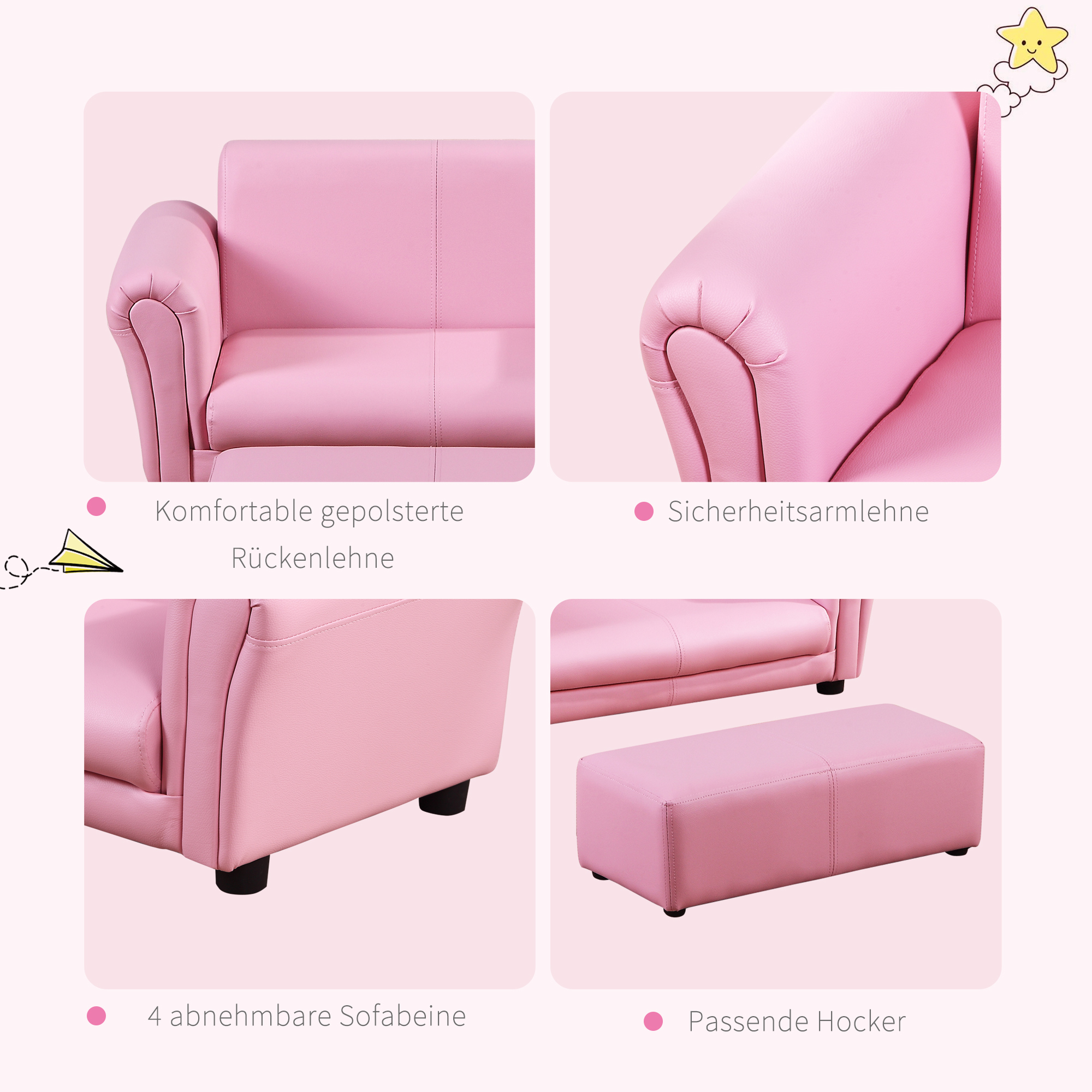 HOMCOM Kindersessel Mini-Sofa – Für Kinder Ab 3 Jahren, Bis 45 Kg – Mit Ohren-Design, Stauraum Und Grauem Bezug – 61x42x53 Cm