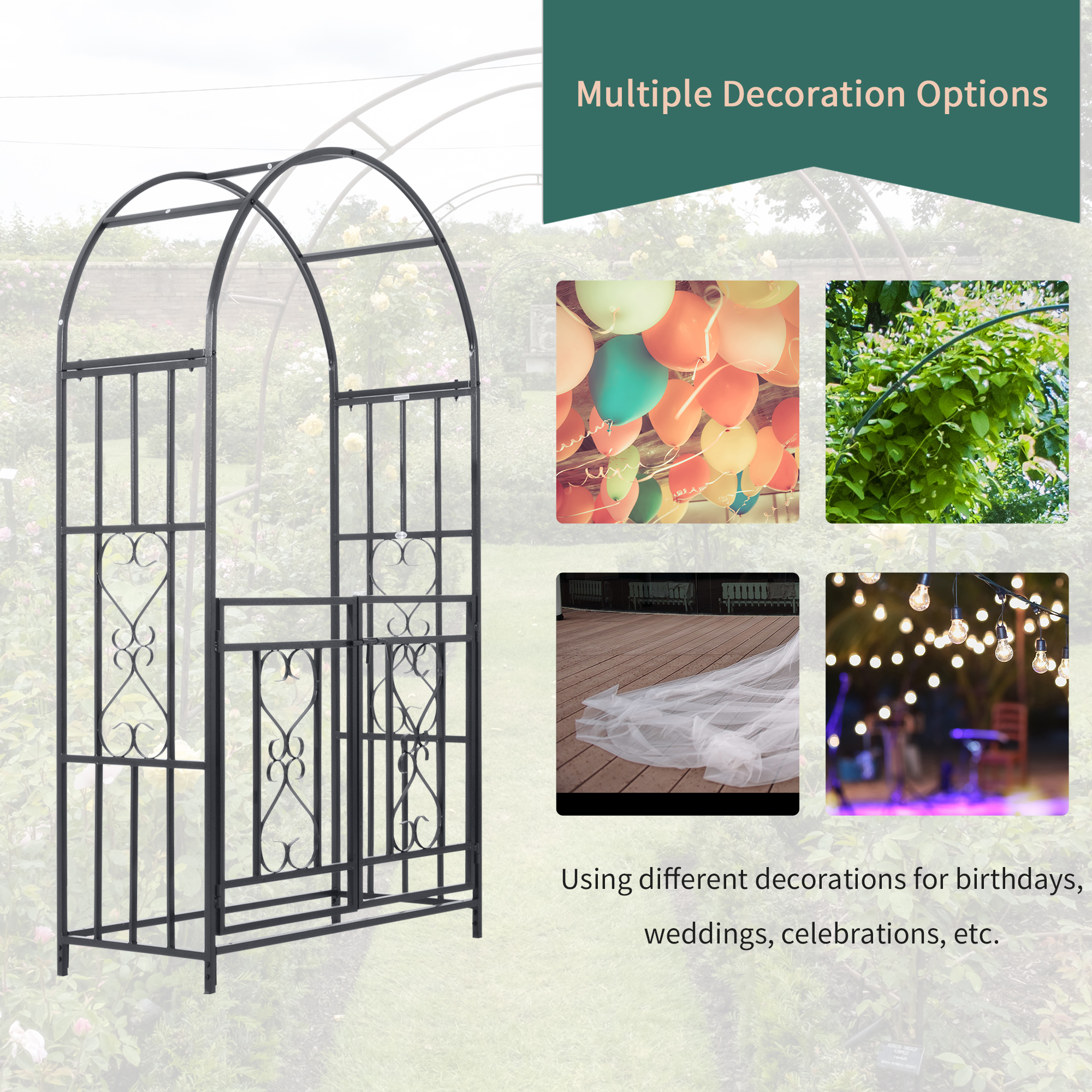 Outsunny Outdoor Garden Arch with Double Gates, Metal Garden Arbor for Climbing Plants, Roses, Vines, Wedding Arch for Outdoor, 114L x 50W x 206H cm, Dark Grey 7