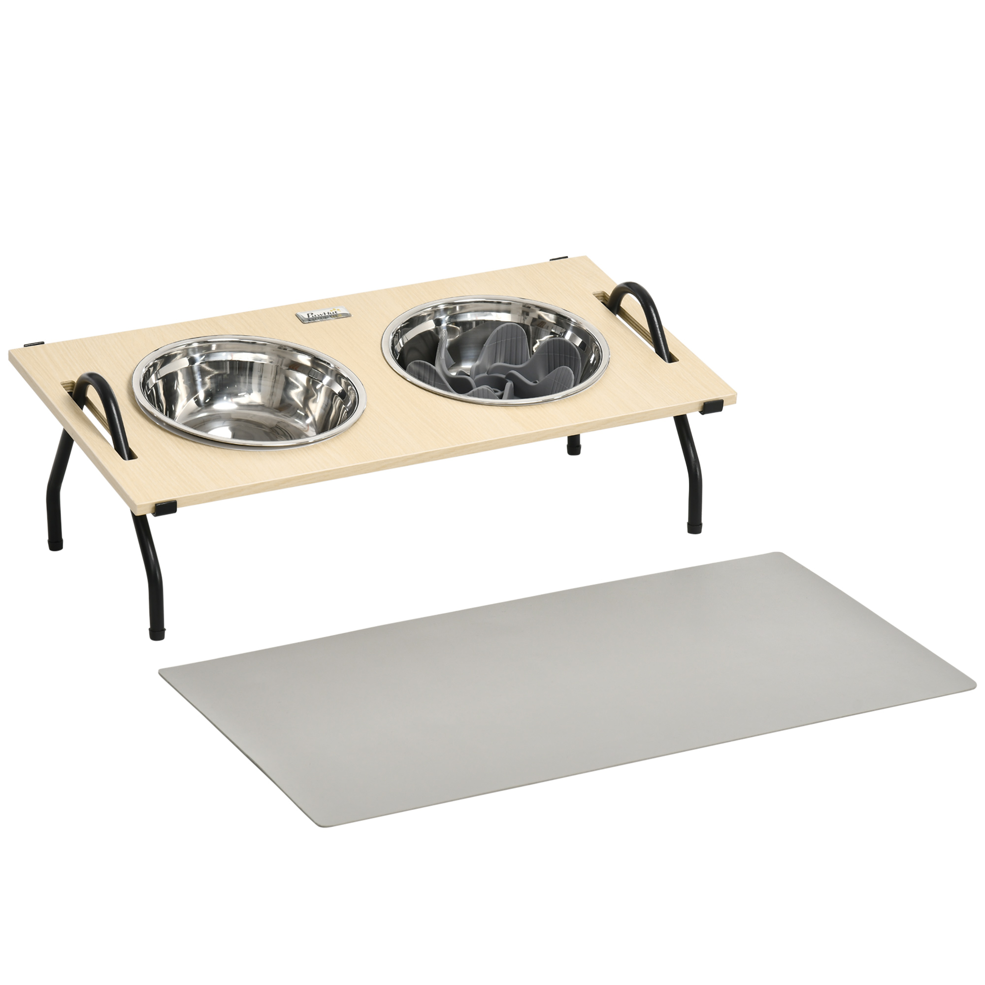 Meilleurs prix pour Gamelle double chien porte-gamelles surélevé 2 gamelles anti-glouton acier inox et tapis inclus acier noir plateau aspect bois clair