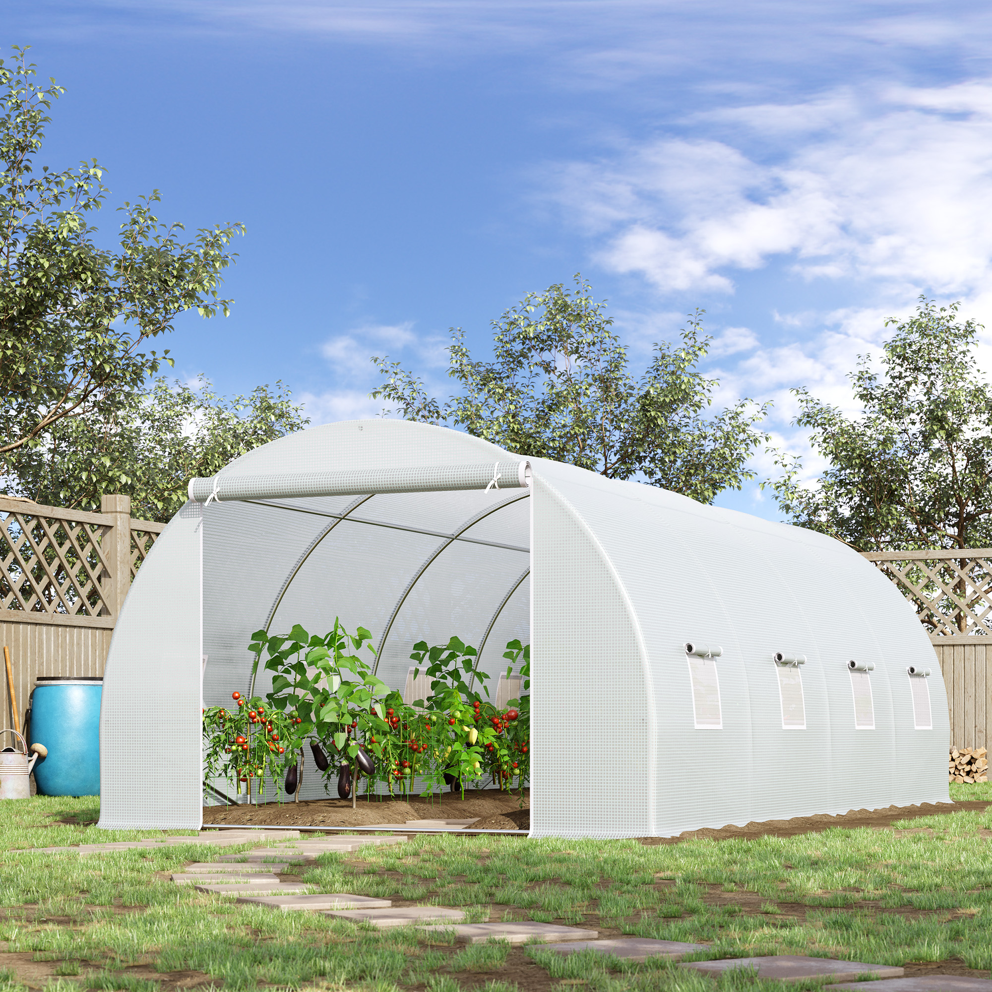 Outsunny 6 x 3 x 2 m Polytunnel Greenhouse, Walk in Polytunnel Tent with Metal Frame, Zippered Door and 8 Windows for Garden and Backyard, White 2