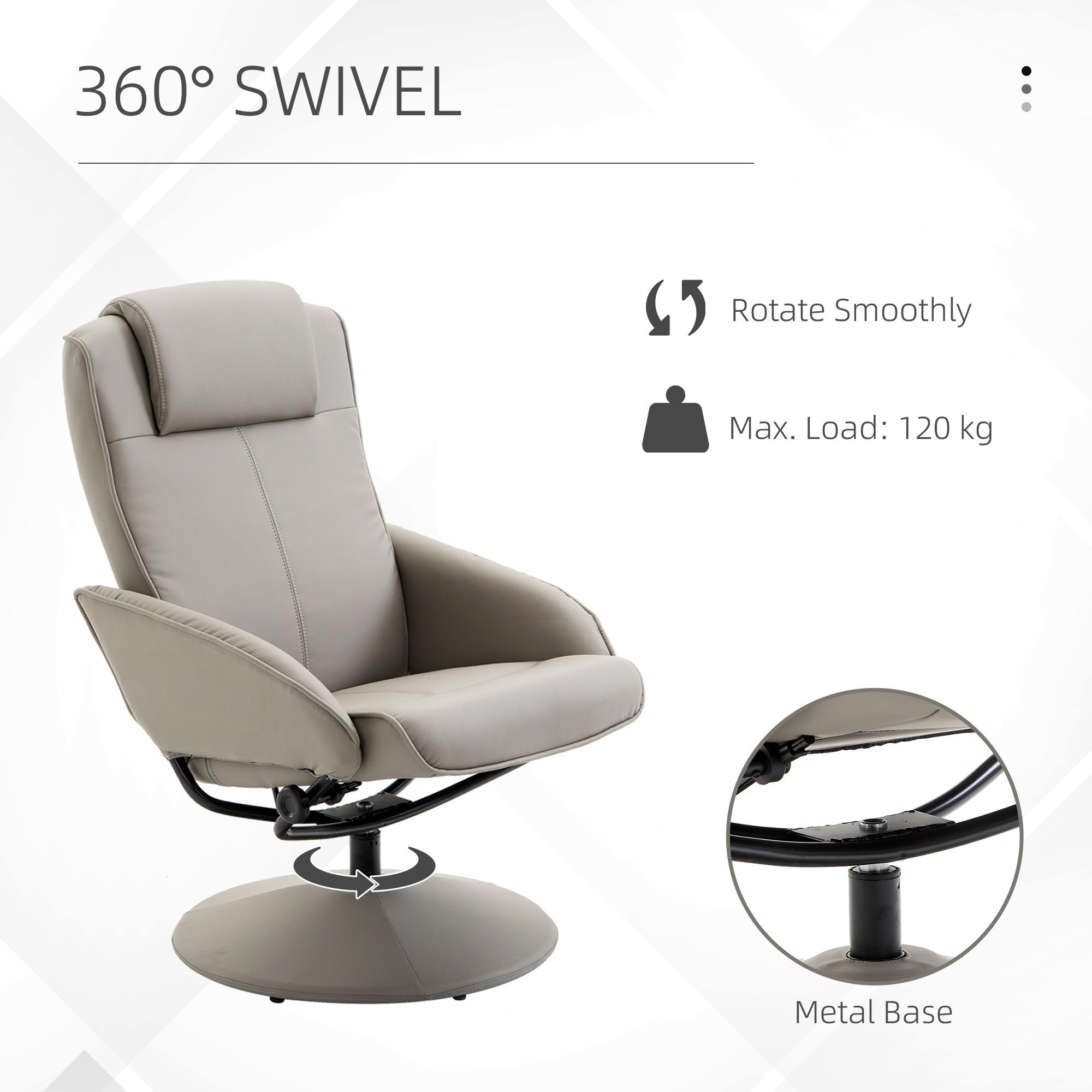 HOMCOM Recliner Chair and Footstool, Swivel PU Leather Upholstered Armchair with Footstool and Adjustable Backrest for Living Room, Bedroom, Grey 6