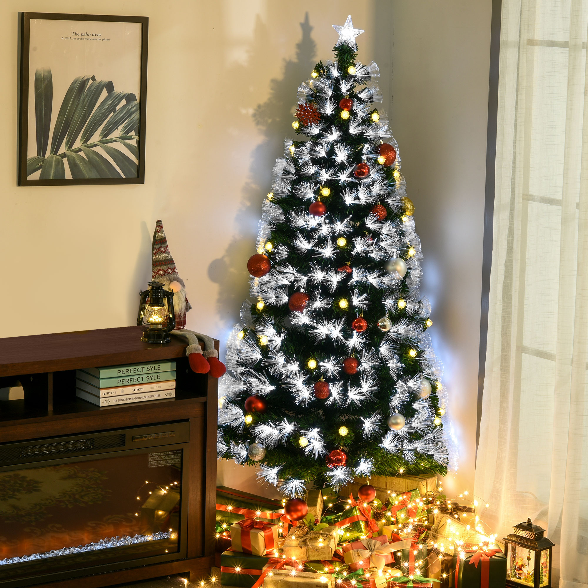 HOMCOM 6ft White Light Artificial Christmas Tree w/ 230 LEDs Star Topper Tri-Base Full Bodied Seasonal Decoration Pre-Lit Home 2