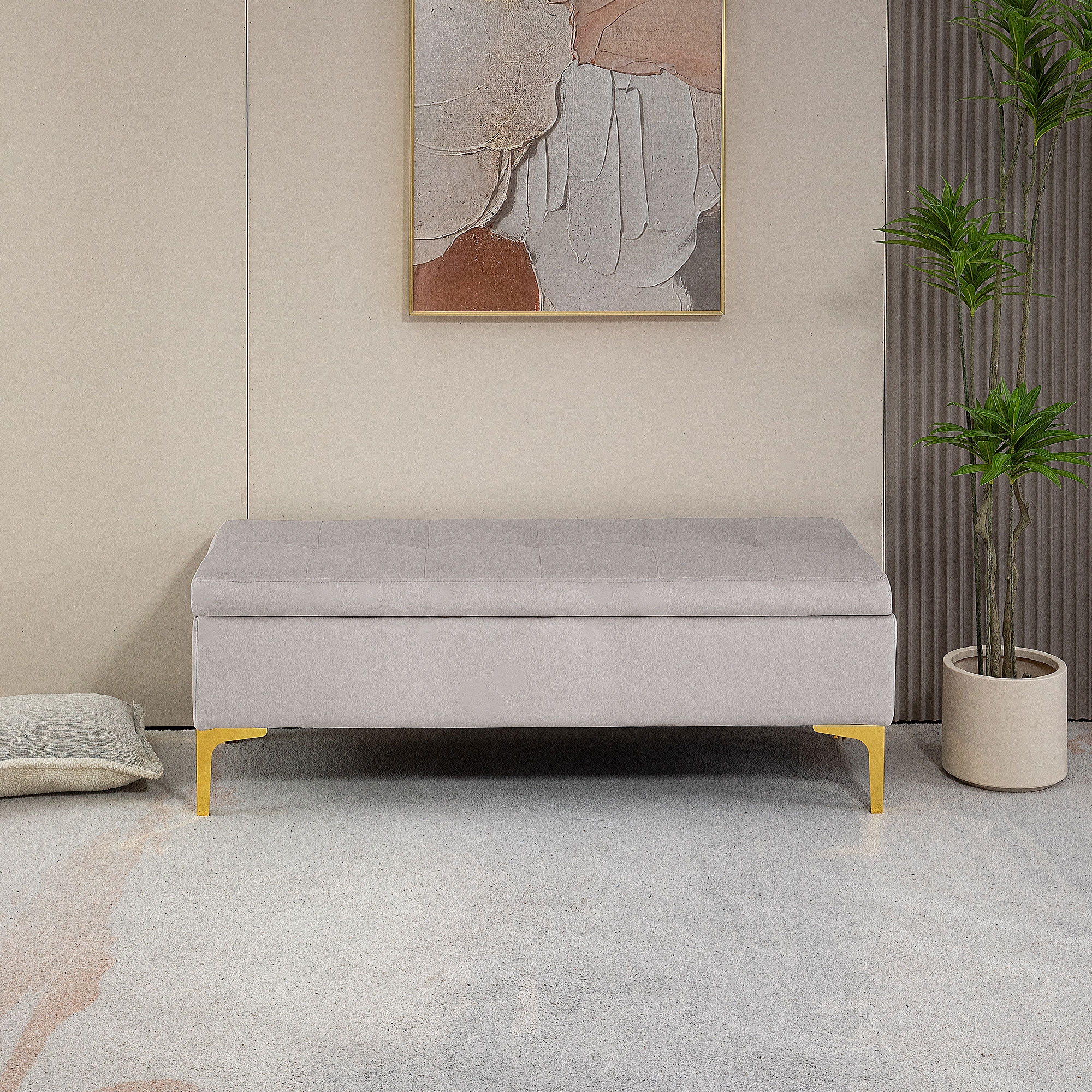Panca Fondo Letto Homcom In Velluto - Due Strati, Gambe Oro, Dimensioni 121x50.5x46.5 Cm, Grigio Scuro