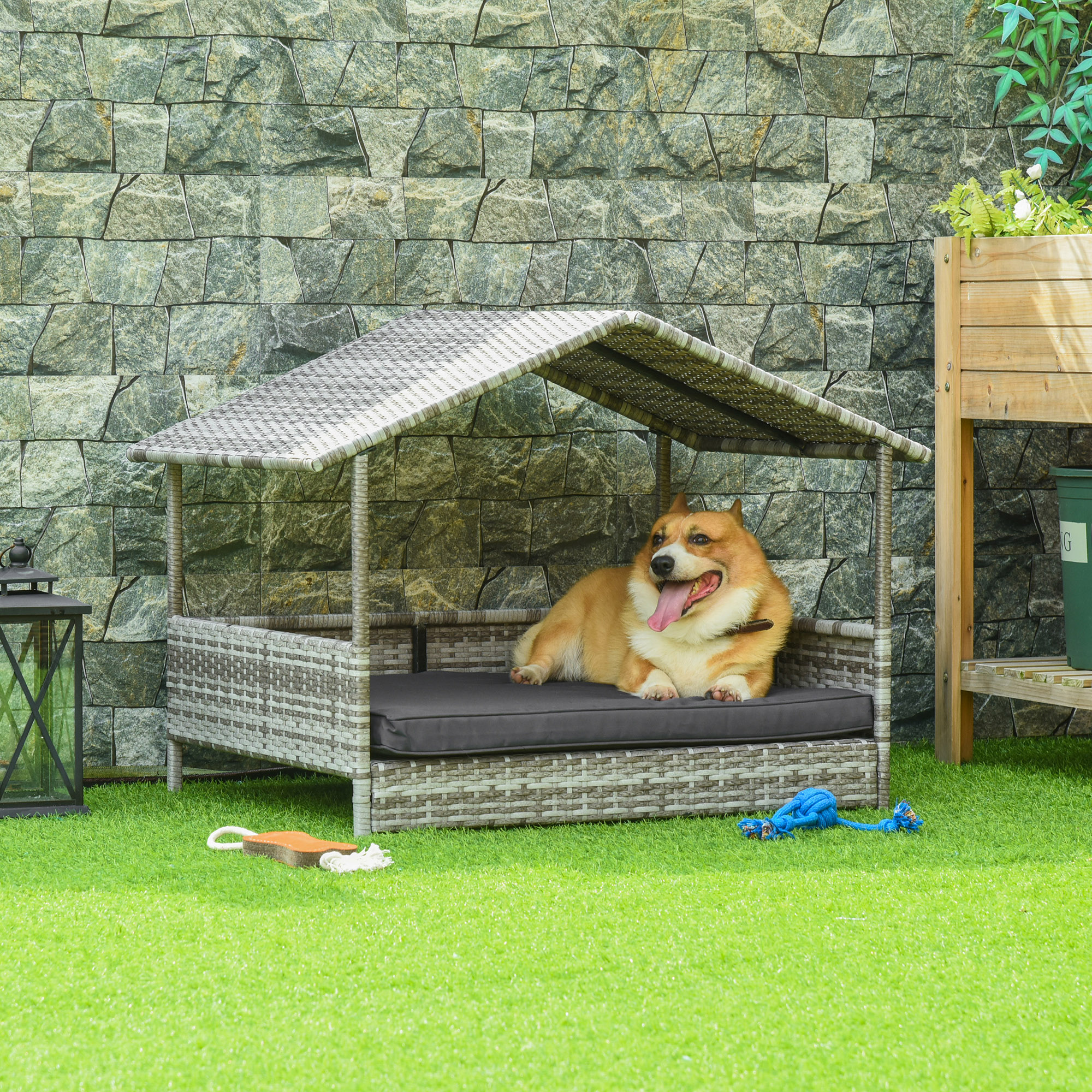 PawHut Wicker Dog House, Rattan Pet Bed, with Removable Cushion, Canopy, for Small and Medium Dogs Dark Grey 2