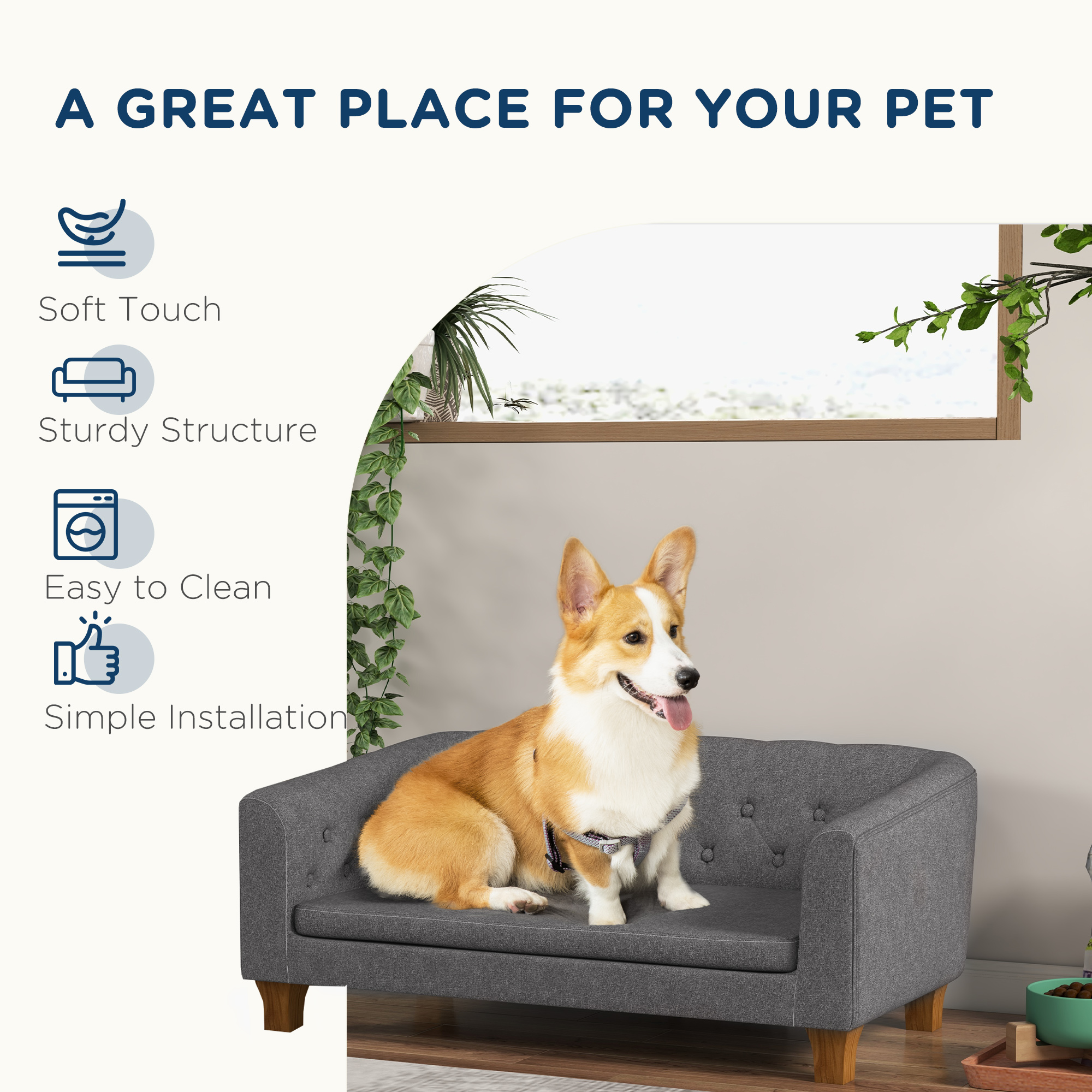 PawHut Dog Sofa Bed w/ Soft Cushion for Medium Dogs Grey 6