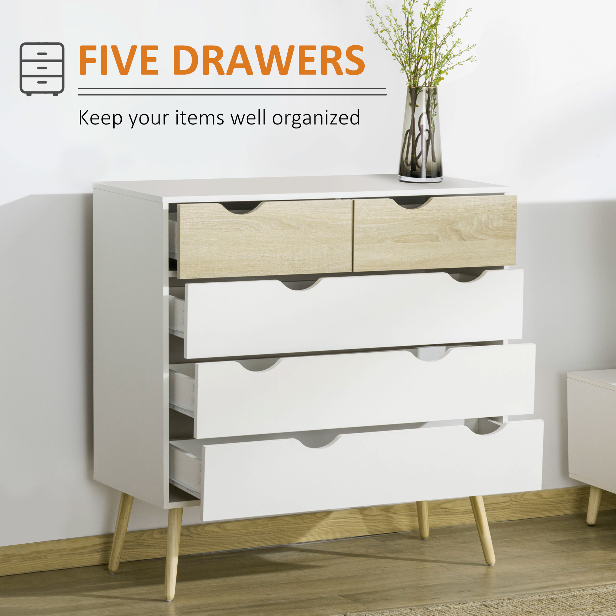 HOMCOM Nordic Style Chest of Drawers, 5 Drawer Dresser with 4 Tapered Legs and Groove Handles, Storage Organiser Side Cabinet for Bedroom, Living Room 4