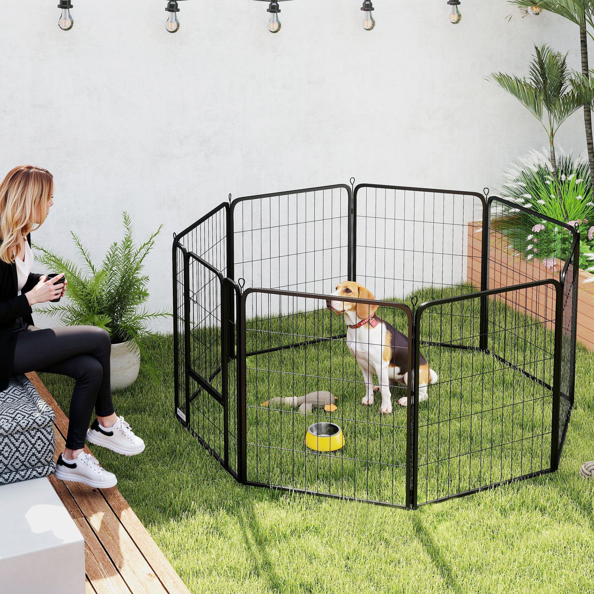 PawHut Eight-Panel Dog Playpen with Door, for Large Dogs, Indoors, Outdoors, 60cm Tall, Black