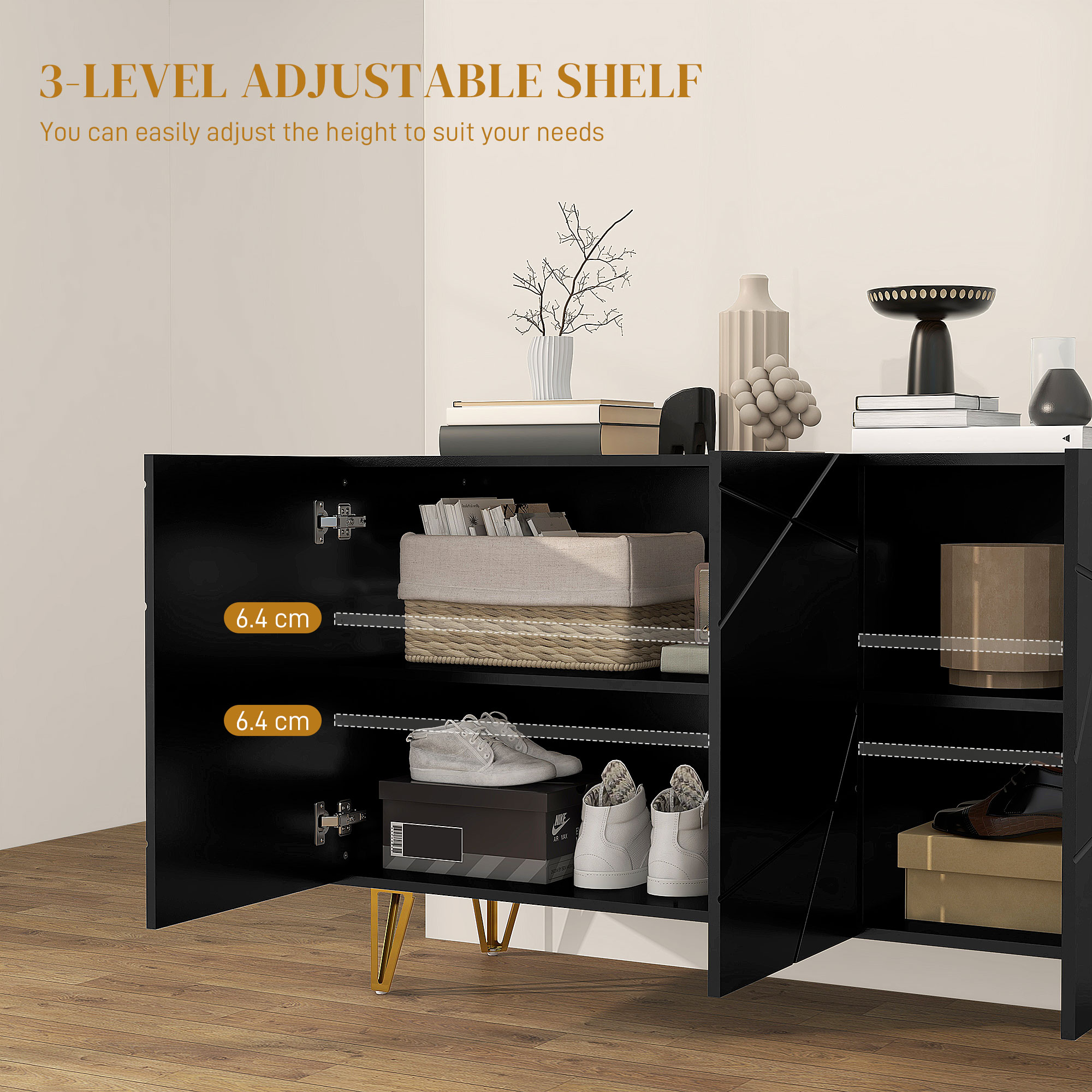 HOMCOM Modern Luxe High Gloss Sideboard, with Hairpin Legs Black 6