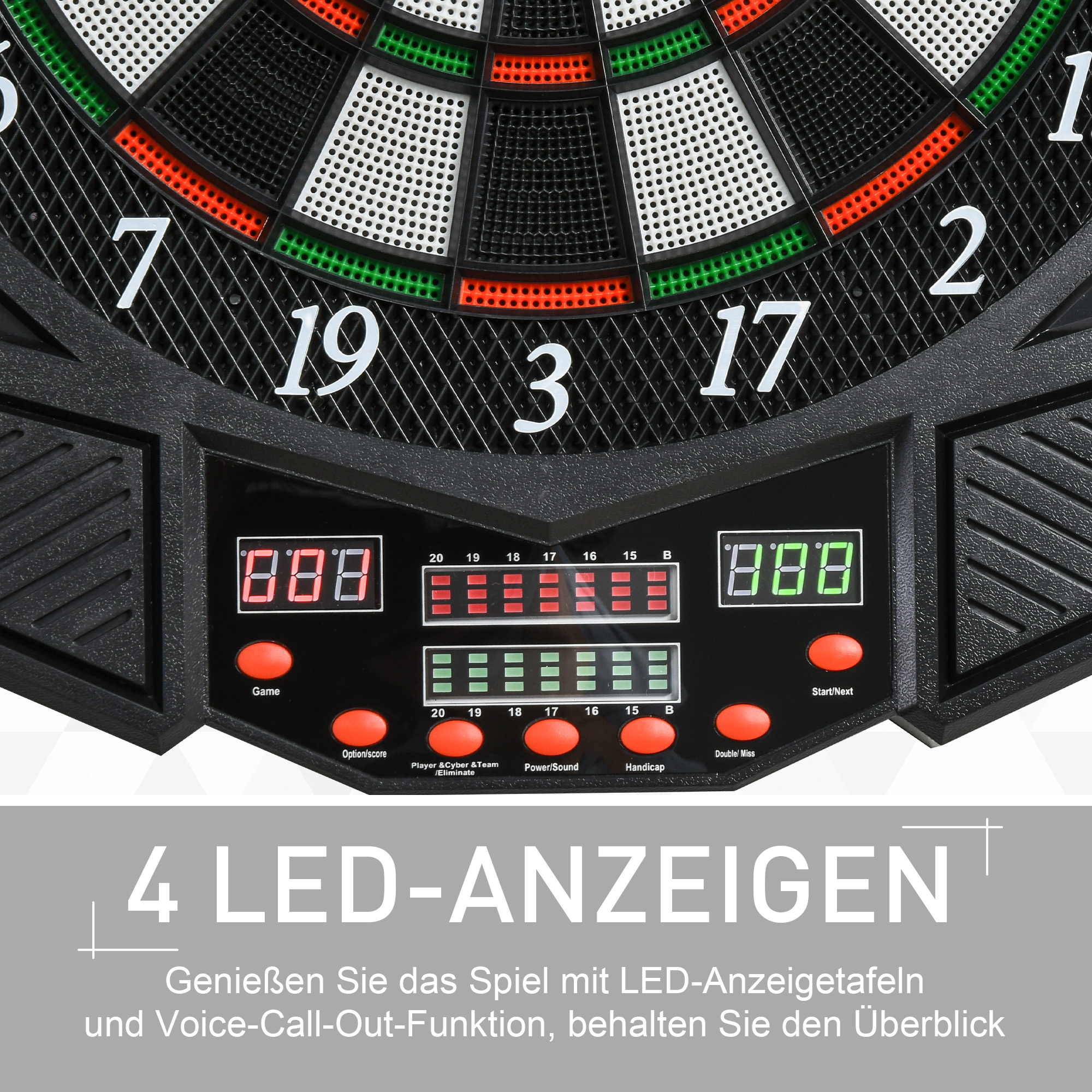 Elektrooniline noolemäng hääljuhistega (inglise keeles), LED-ekraanid, 12 noolemängu, 27 mängu, 216 variatsiooni, ustega noolemängumasin, noolemängukomplekt kuni 8 mängijale