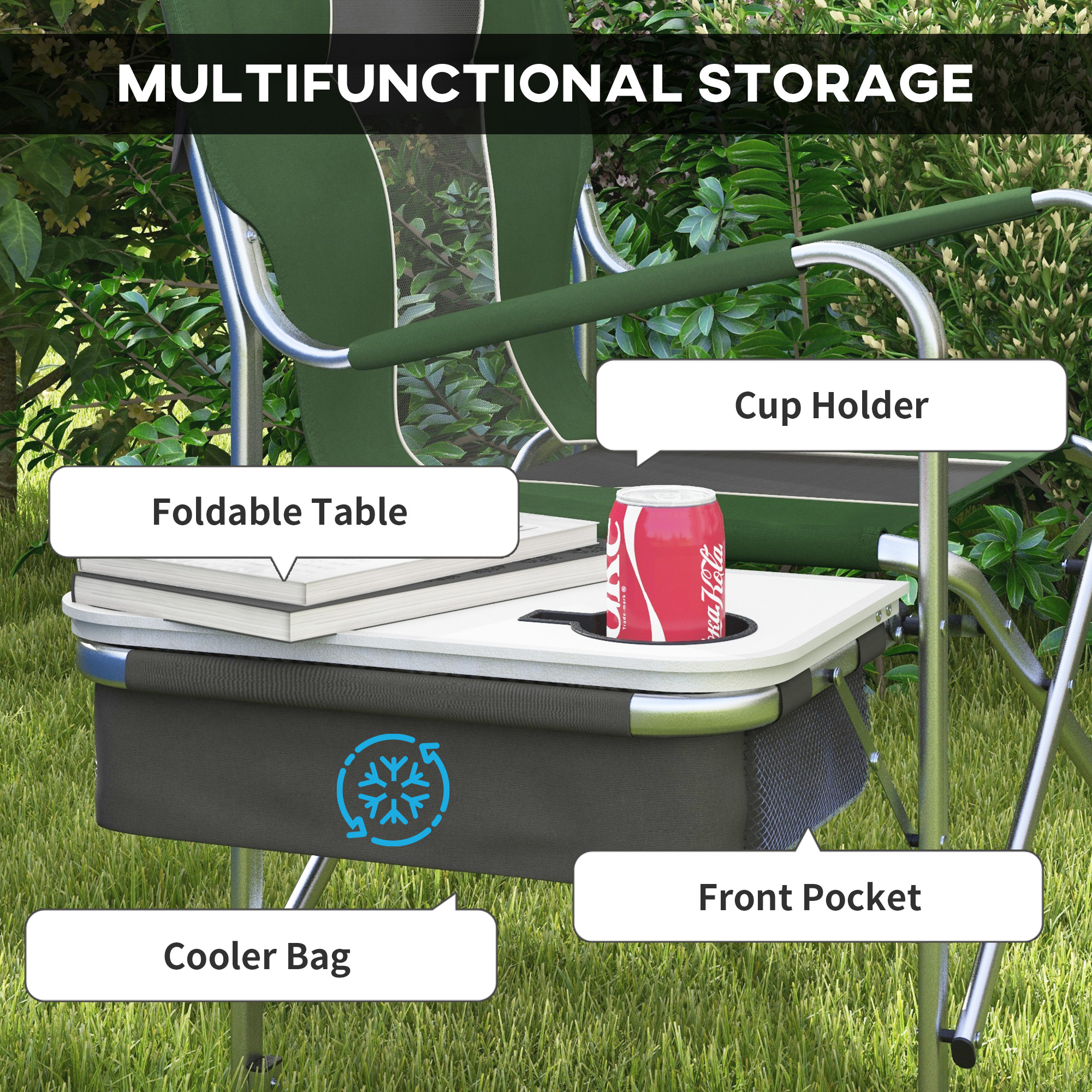 Outsunny Folding Aluminium Camping Chair, with Cooler Bag Table Green 5