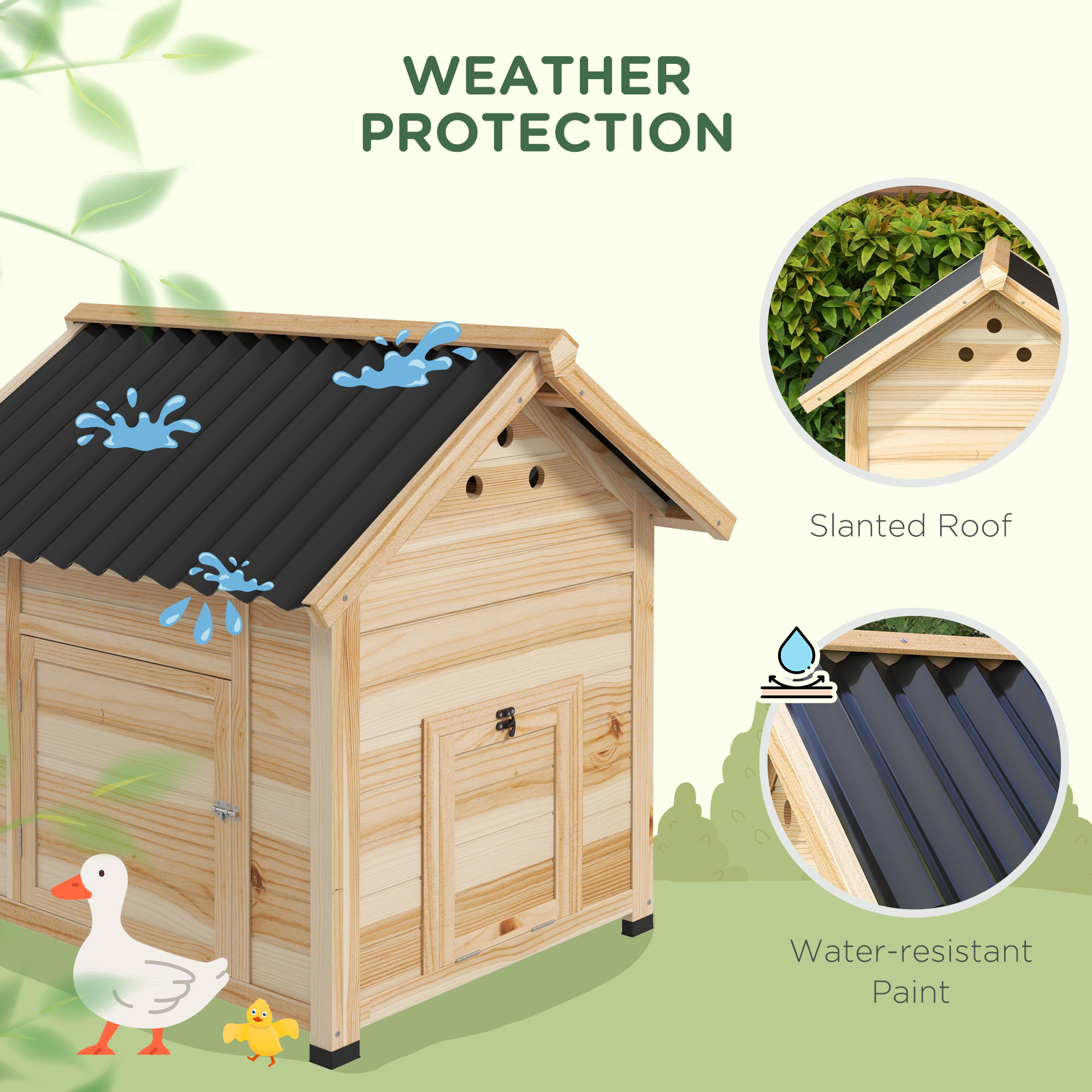 PawHut Wooden Duck House with Double Doors, Openable Roof, Ventilation Holes, Removable Base, Natural Wood Finish 6