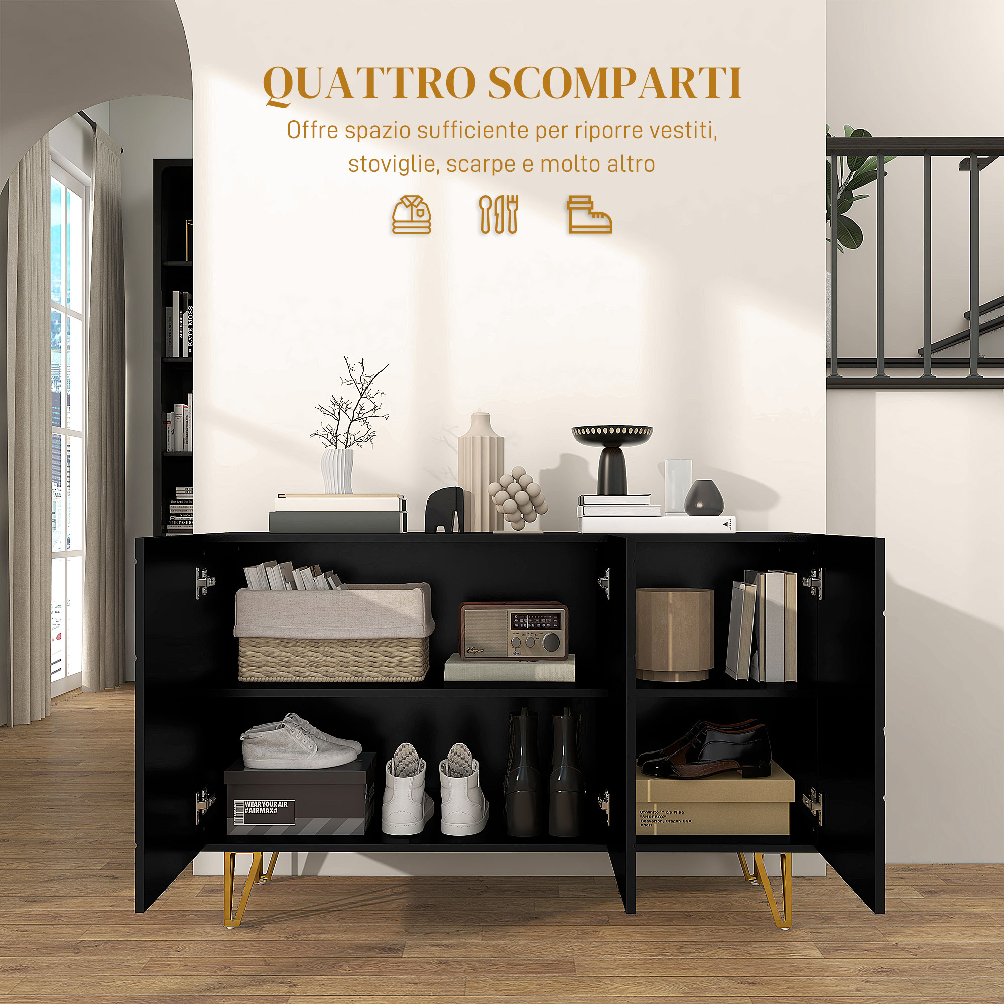 HOMCOM Mobile Buffet Contenitore Con 3 Ante - Finitura Marmo Nero E Oro, 107x35x75 Cm, Ripiani Regolabili, Gambe In Metallo - 4