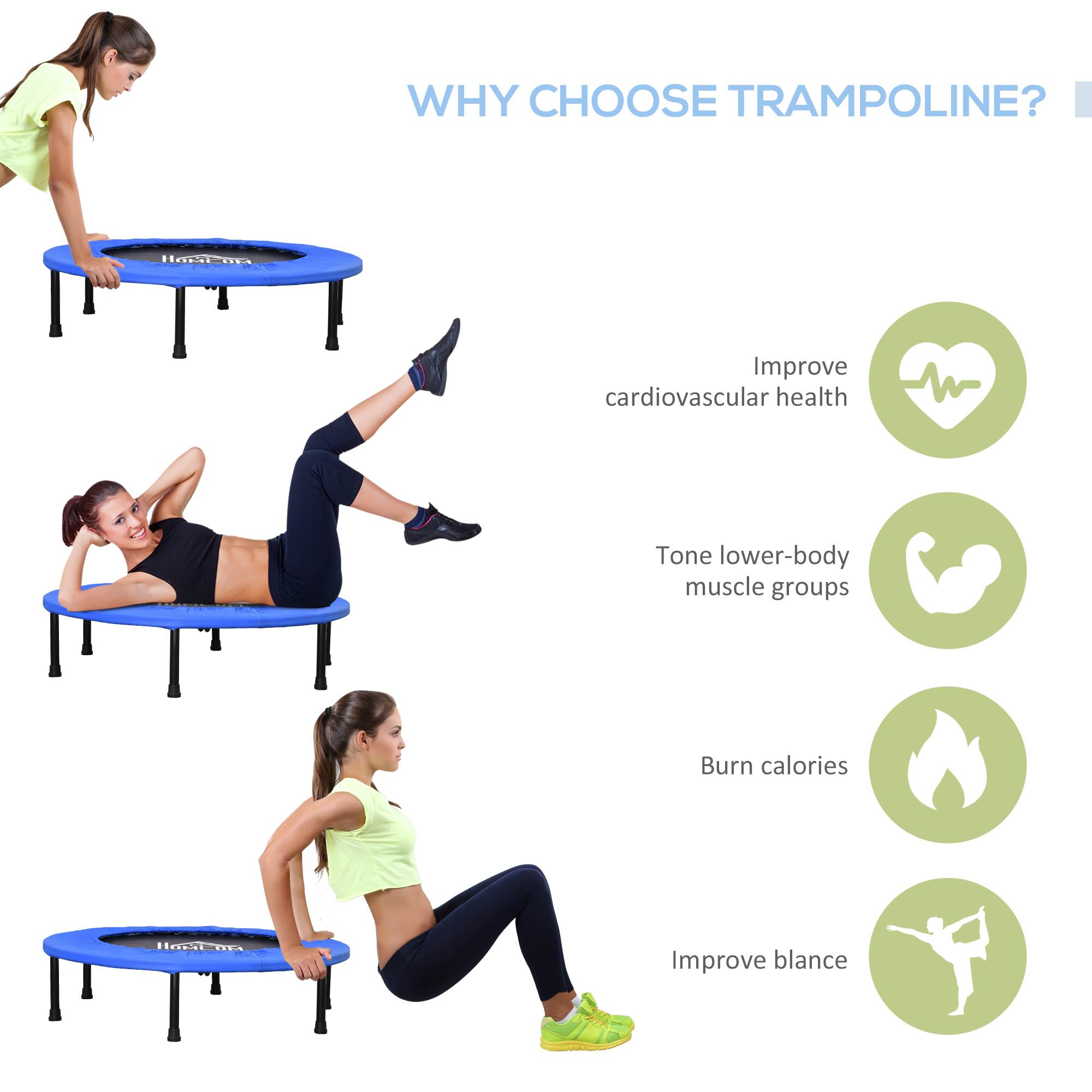 HOMCOM Φ91 Mini Fitness Trampoline Home Gym Yoga Exercise Rebounder Indoor Outdoor Jumper with Safety Pad, Support Up to 100 KG, Blue and Black 5
