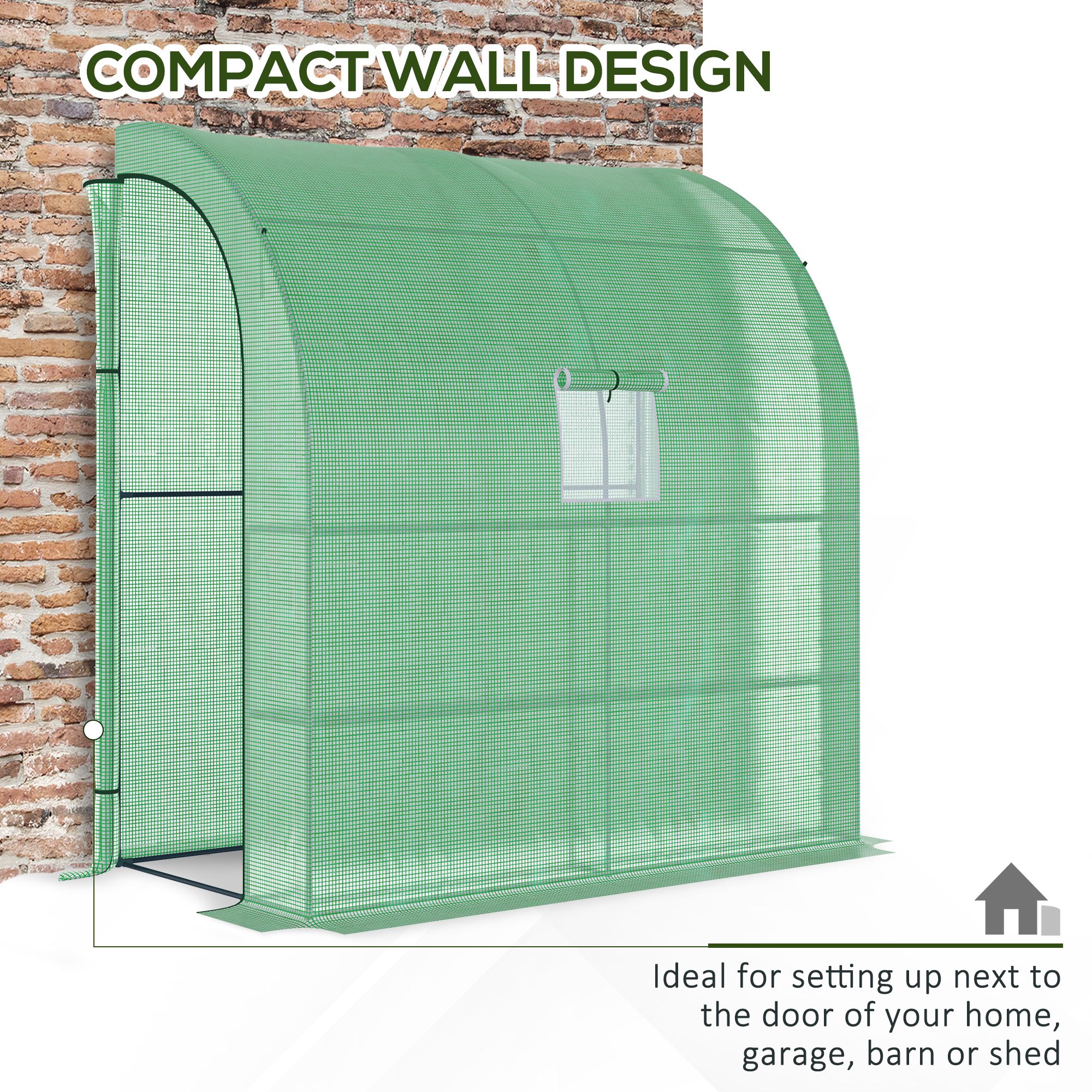 Outsunny Walk-In Lean to Wall Greenhouse with Windows and Doors, Outdoor Green House with 3 Tiers 4 Wired Shelves, 200L x 100W x 215Hcm, Green 6