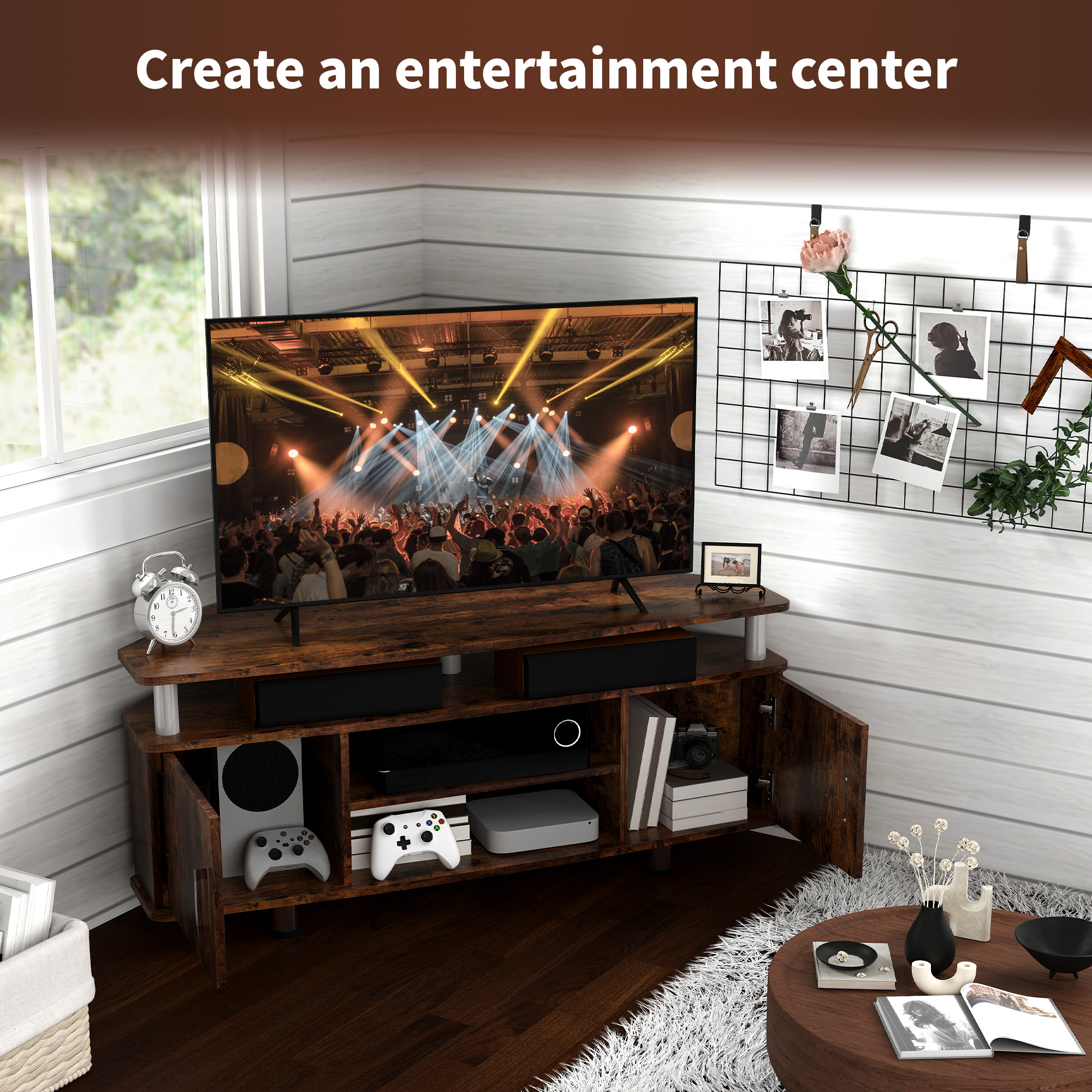 HOMCOM TV Unit Cabinet for TVs up to 55 Inches with Storage Shelves and Cupboard, Entertainment Centre for Living Room, Rustic Brown 7