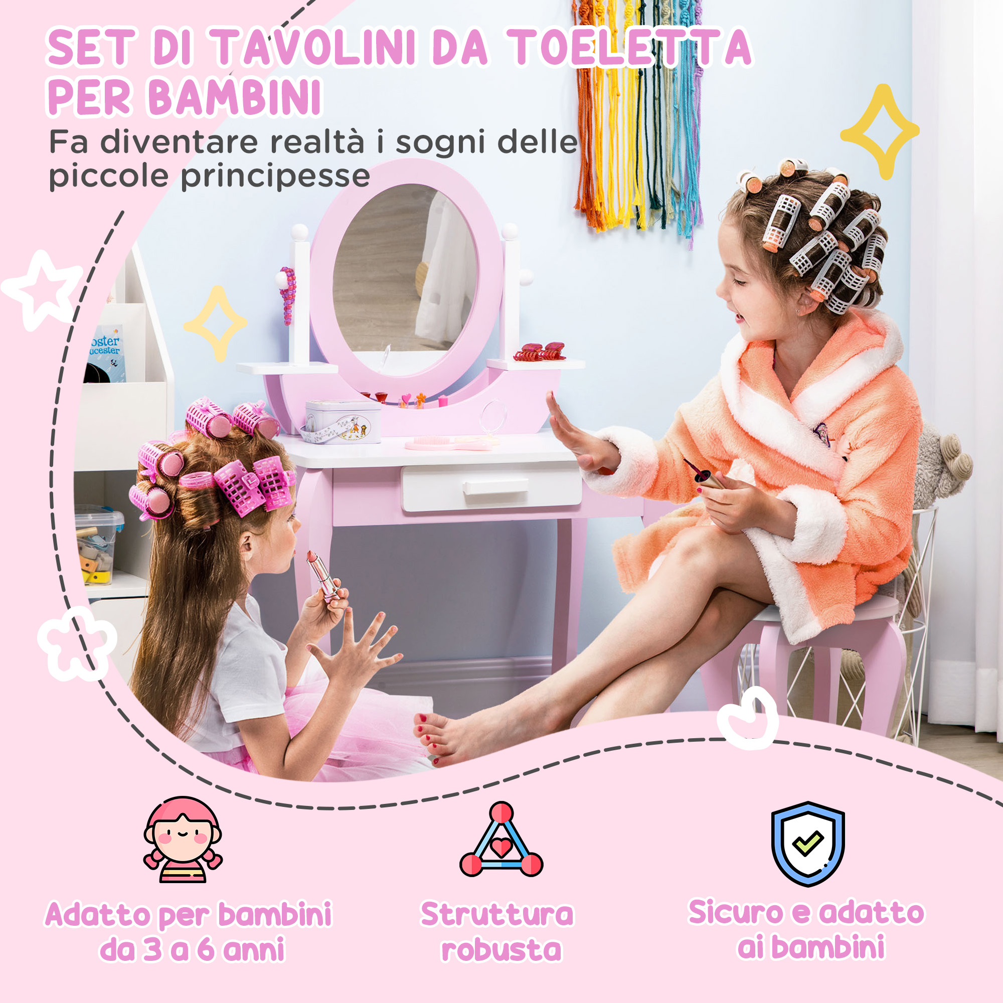 Set Tavolo Da Trucco Con Specchio Rotante E Sgabello Imbottito – Roundhill Furniture Moniys – Colore Rosa – 3 Cassetti - 4