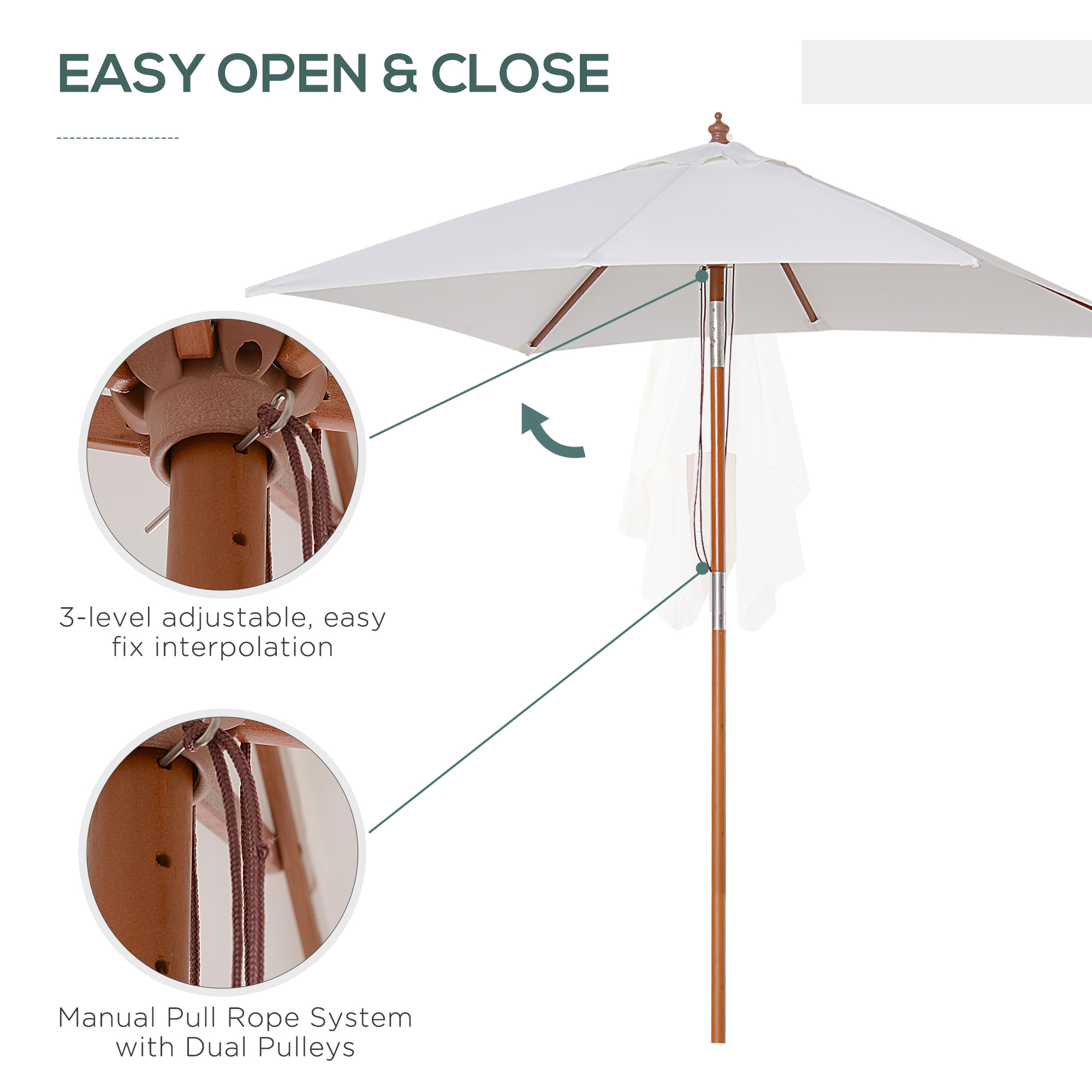 Outsunny 2m x 1.5m Garden Parasol Umbrella with Tilting Sunshade Canopy, Outdoor Market Table Umbrella with Wood and Bamboo Frame, Cream White 6