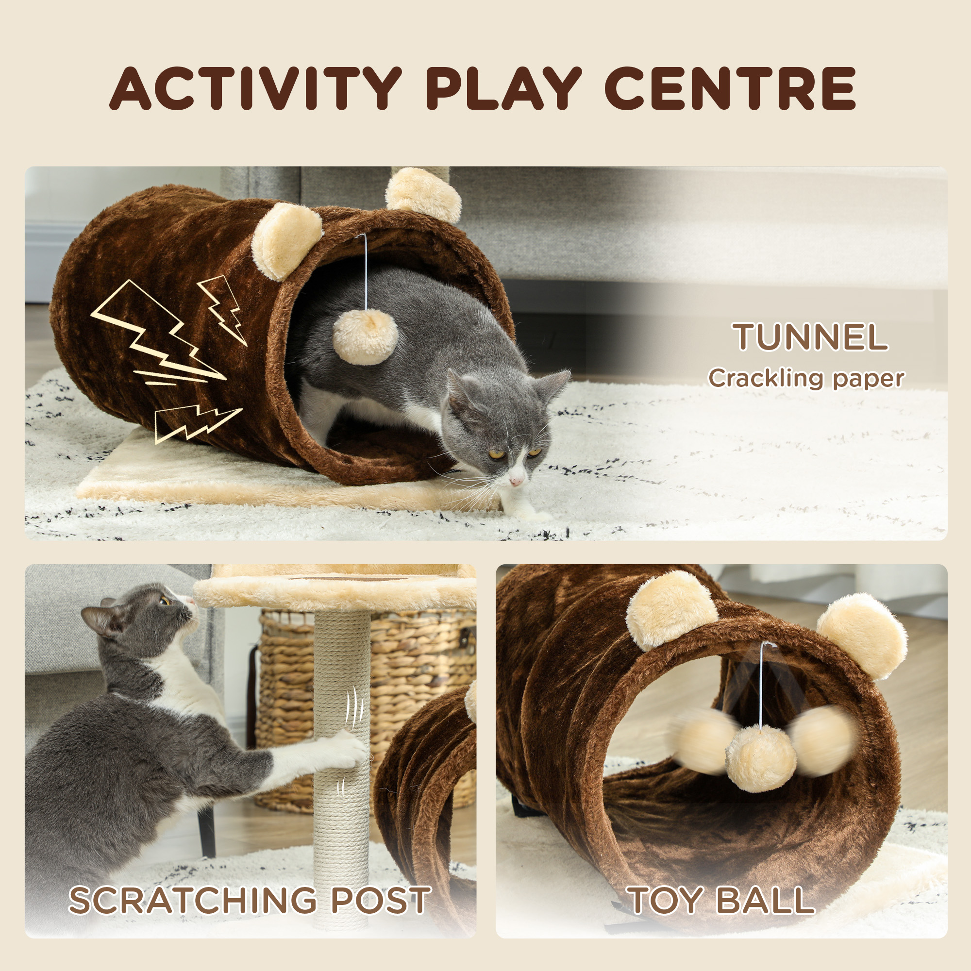 PawHut 47cm Small Cat Tree w/ Scratching Post, Bed, Cat Tunnel, Toy Ball, Dark Brown 4