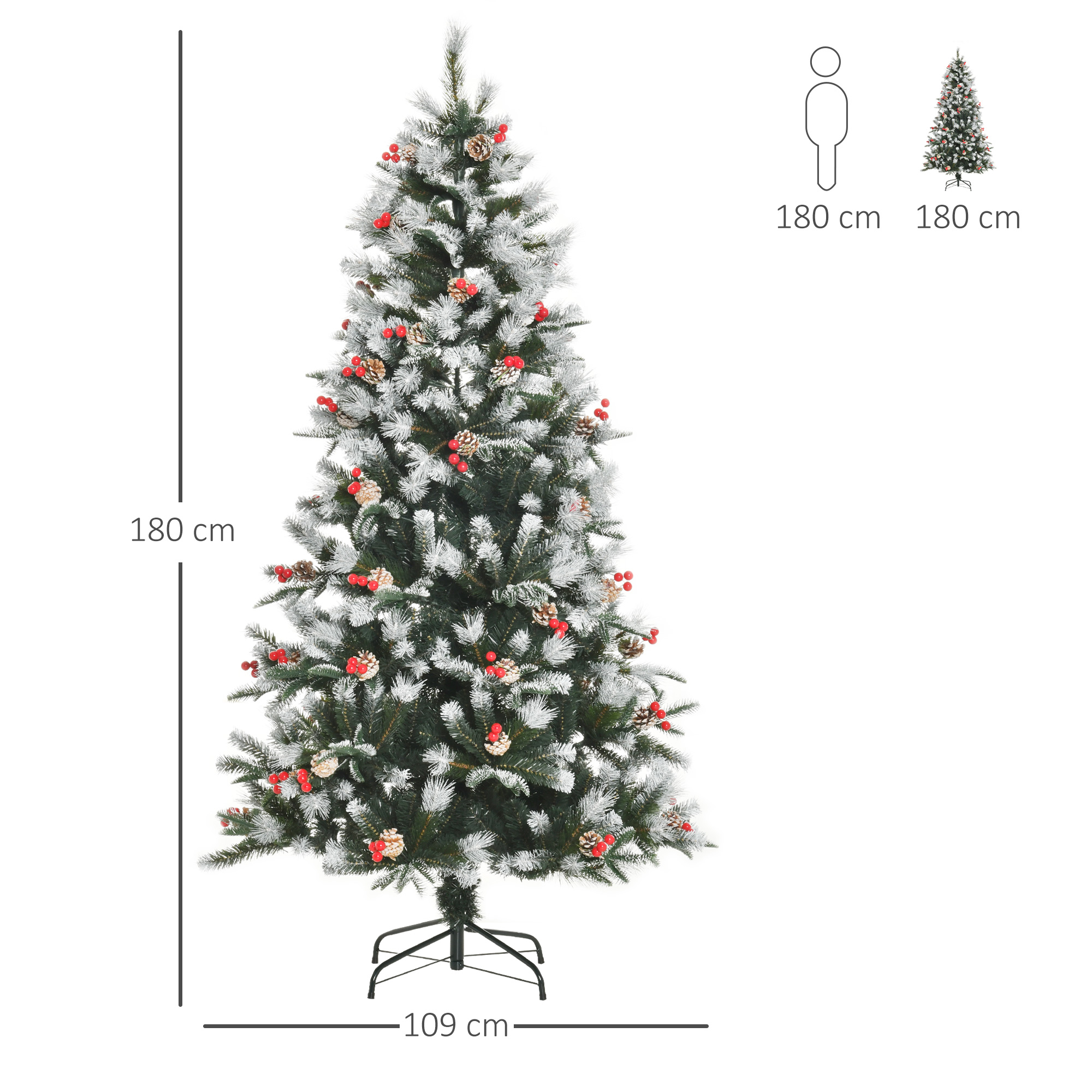 HOMCOM 6FT Artificial Snow Dipped Christmas Tree Xmas Pencil Tree Holiday Home Party Decoration with Foldable Feet Red Berries White Pinecones, Green 3