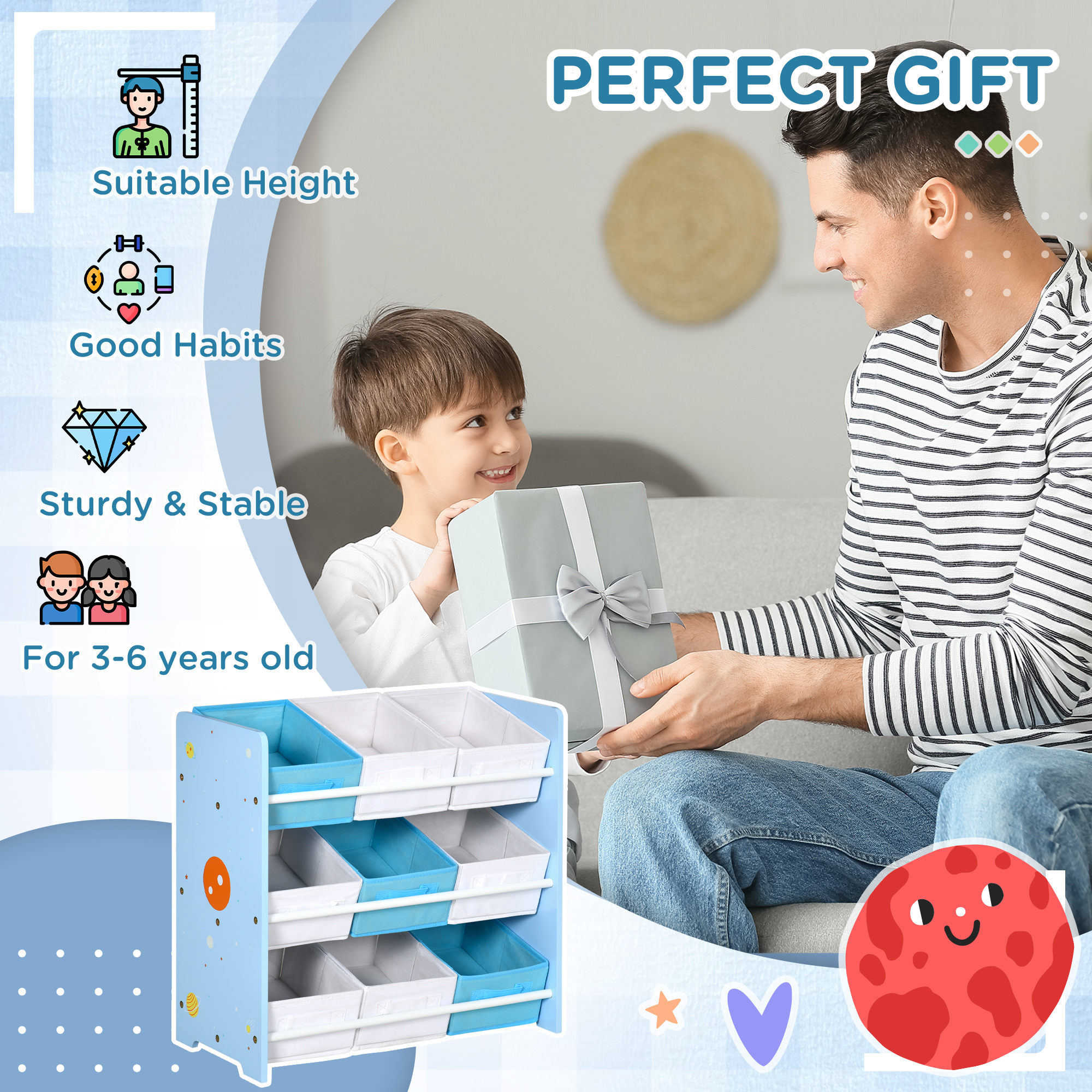 ZONEKIZ Kids Storage Rack, with Nine Removable Baskets, for Nursery, Bedroom, Playroom Blue 6