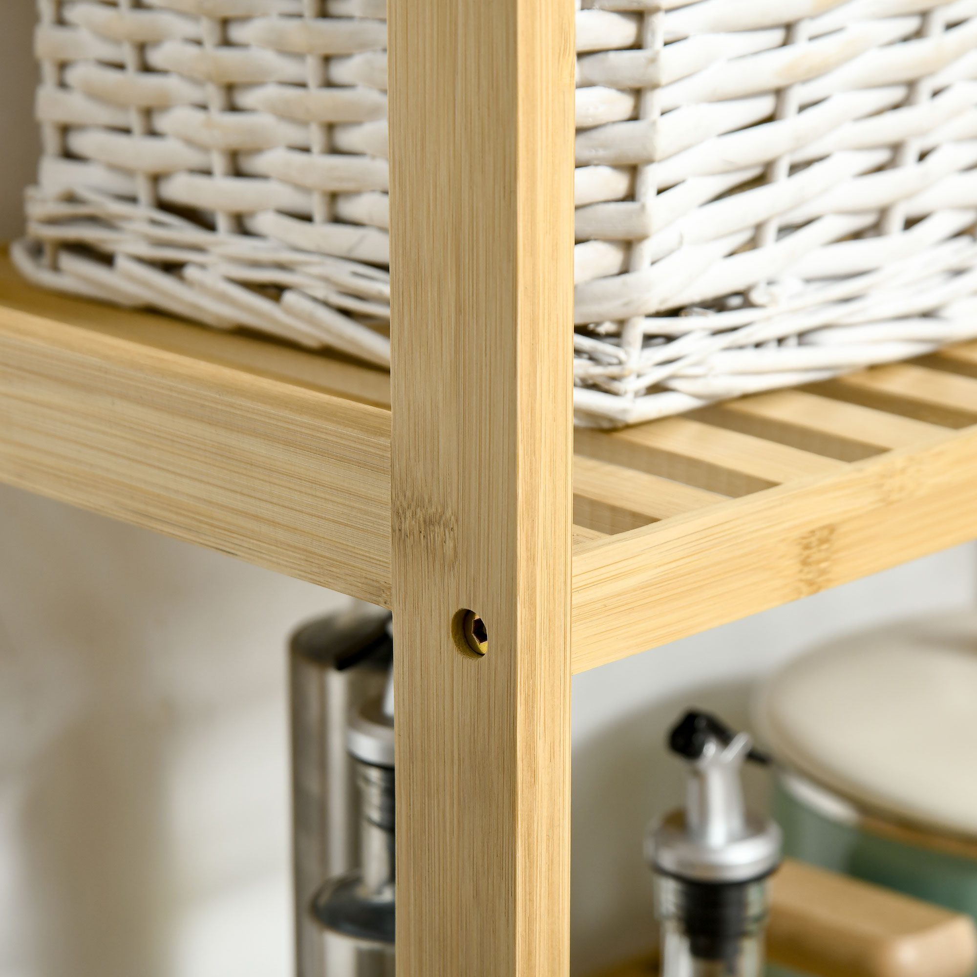 HOMCOM Scaffale Da Bagno In Bambù 3 Livelli Con Ruote - Carrello Portaoggetti Per Soggiorno E Cucina, 55x20x75 Cm Naturale