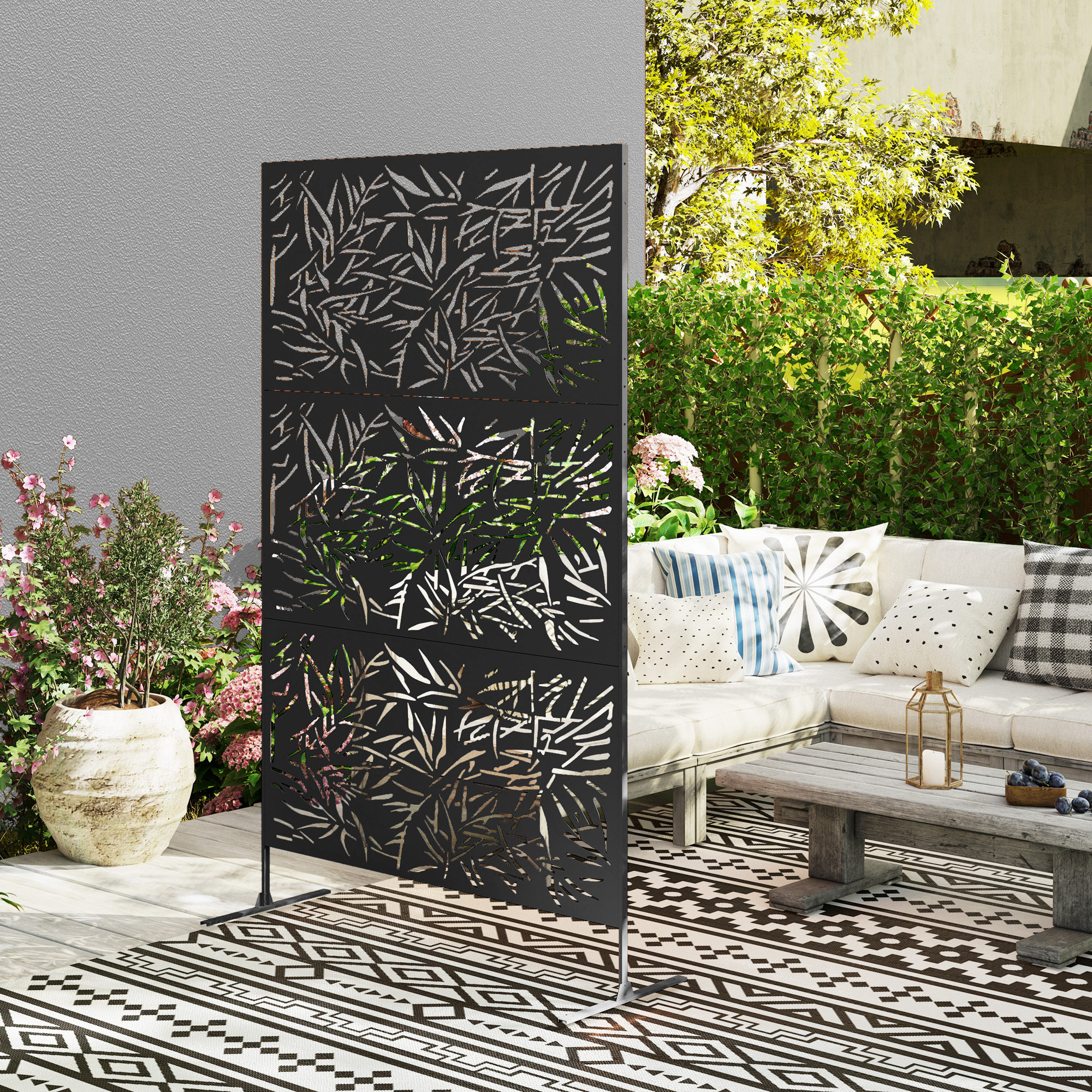 Outsunny Decorative Garden Privacy Screen with Stand, 6.5FT Freestanding Metal Outdoor Divider, Decorative Privacy Panel with Expansion Screws for Garden Pool Hot Tub, Bamboo Style, Black 7